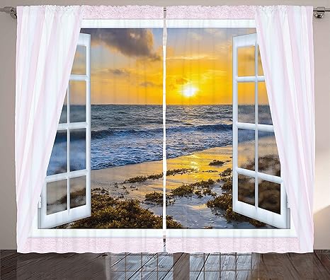 Amazon Com Ambesonne Coastal Curtains Open Window View Of The Sky With Clouds Rising Sun Seascape Grass Morning Scenery Living Room Bedroom Window Drapes 2 Panel Set 108 X 84 White Yellow Home