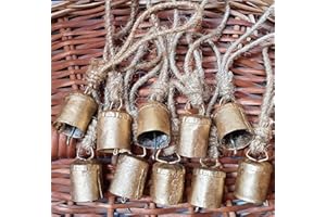 HIGHBIX 4cm Small Vintage Rustic Lucky Tin Metal Cow Bells Handmade Christmas Décor Bells on Jute Rope (10, Cylinder)