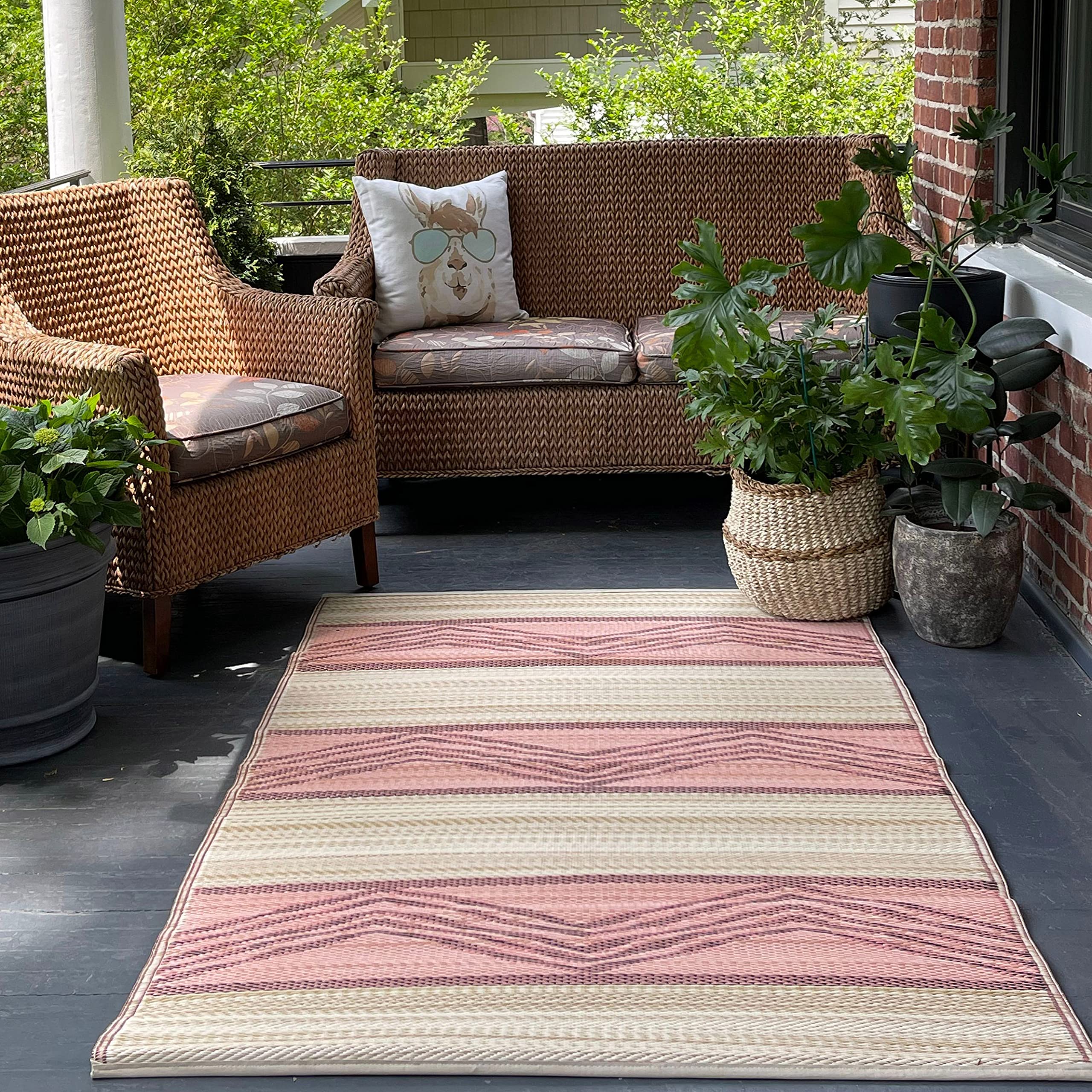 Fab Habitat Outdoor Rug - Waterproof, Fade Resistant, Crease-Free - Premium Recycled Plastic - Tribal Boho - Large Patio, Deck, Sunroom, Camping, RV - Lagos - Sand & Coral - 6 x 9 ft