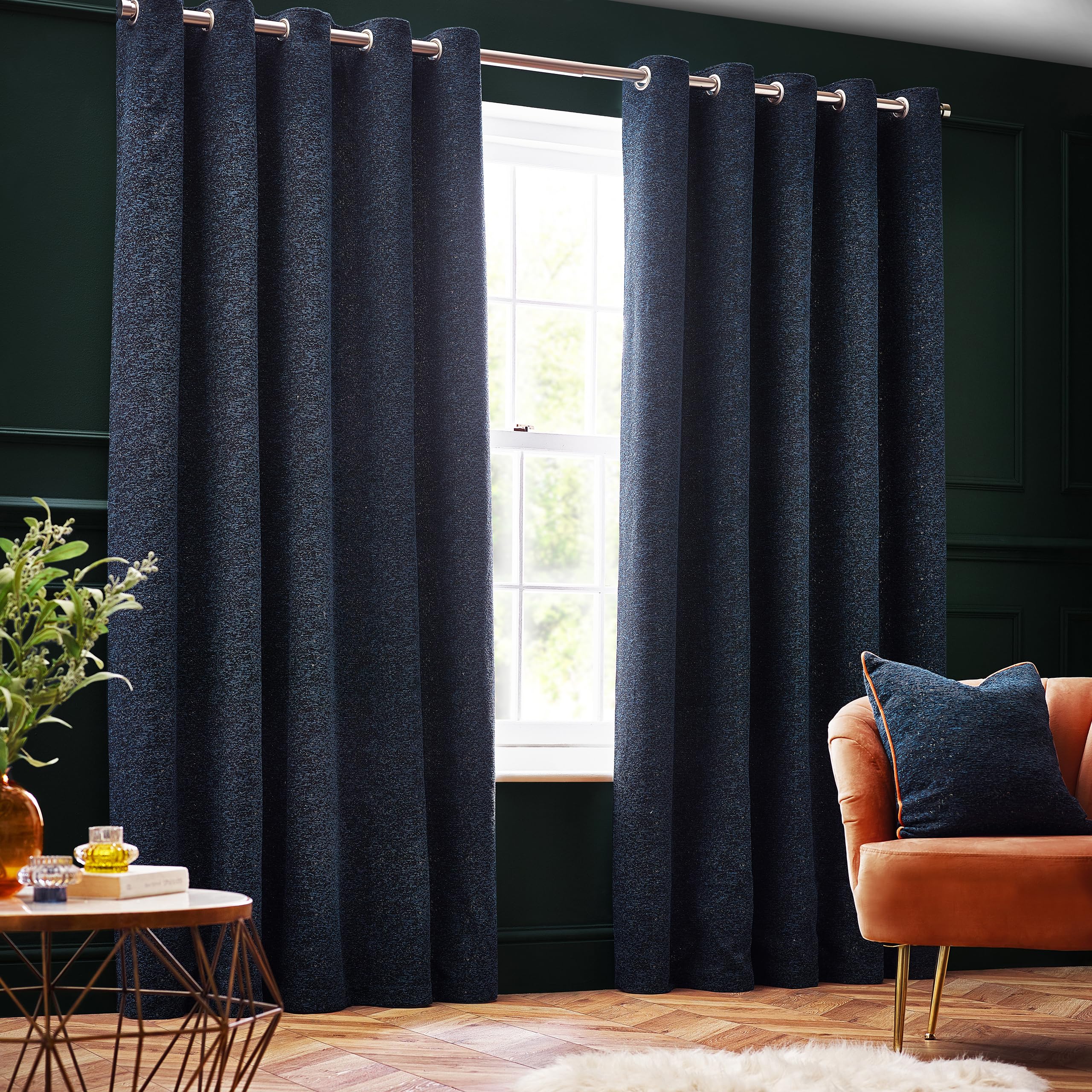 Paoletti Galaxy Eyelet Curtain Pair – Lined Room Darkening Luxury Opulent Chenille Curtains (Navy - 168x183cm) — image 1
