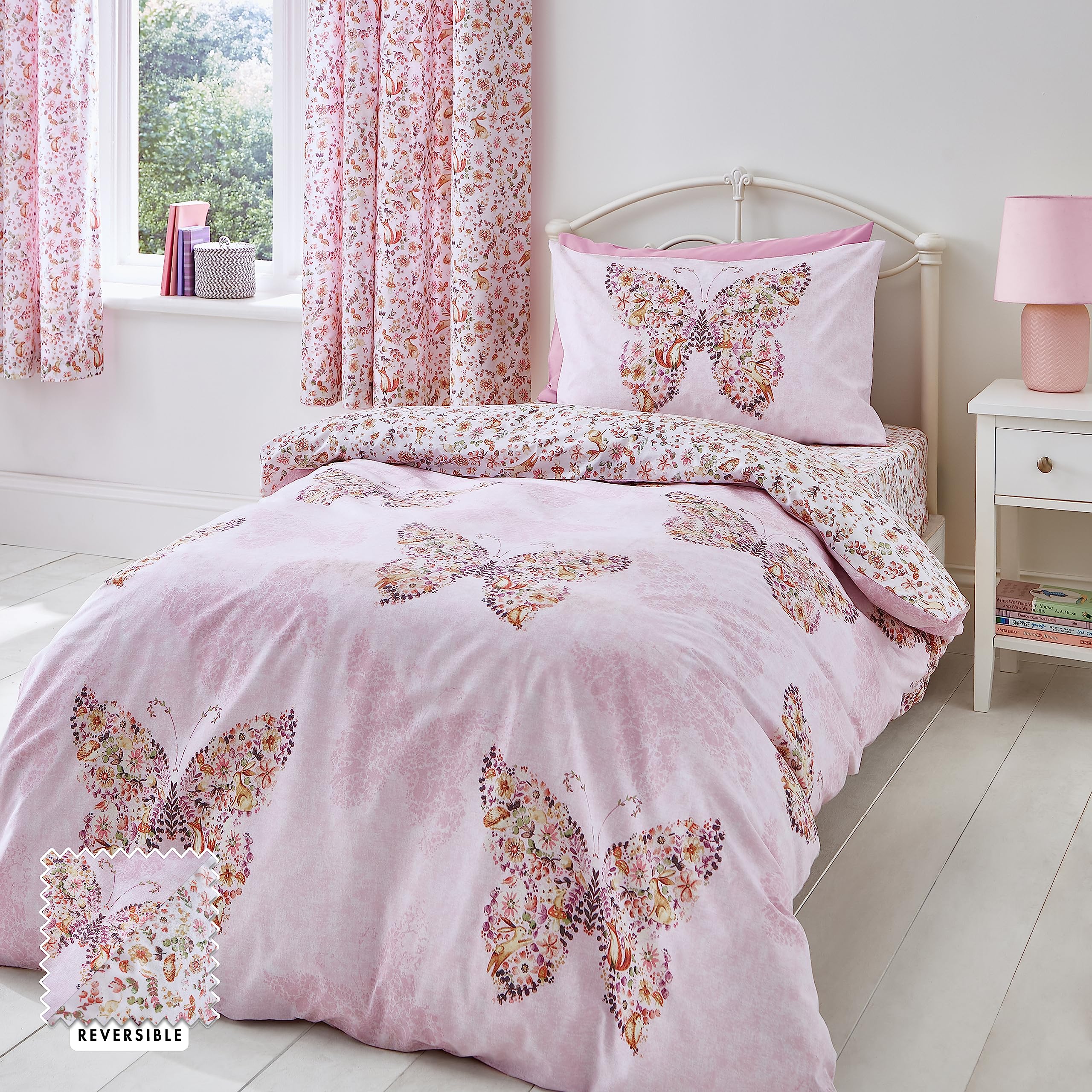 Catherine Lansfield Enchanted Butterfly Reversible Single Duvet Cover Set with Pillowcase Pink