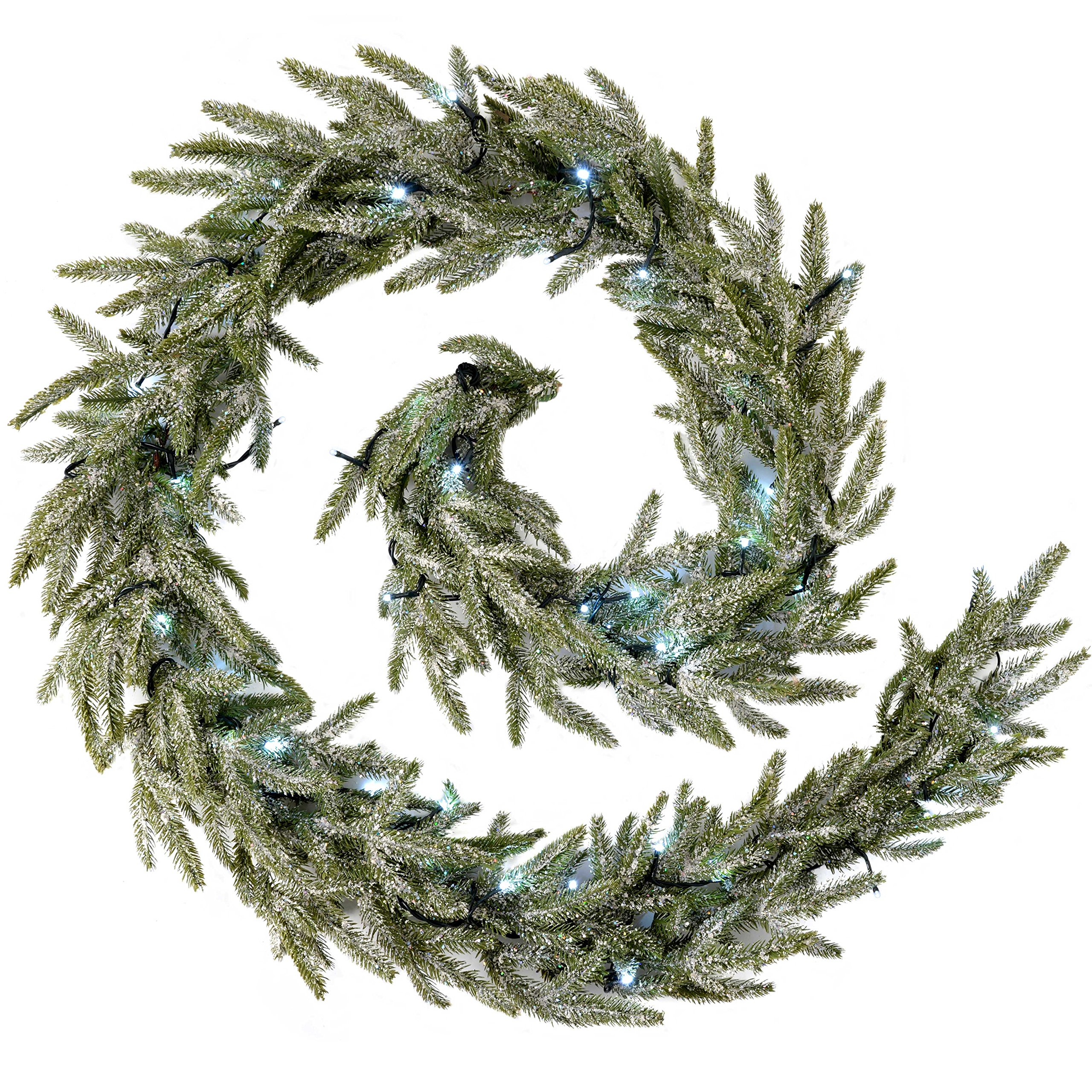 WeRChristmas Pre-Lit Frosted Fir Garland Illuminated with 40 White LED Lights, 9 feet - Silver