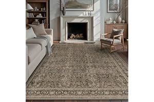 PureCozy Brown Area Rug 8x10 Living Room Machine Washable Vintage Carpet Non Slip Indoor Retro Traditional Accent Throw Large