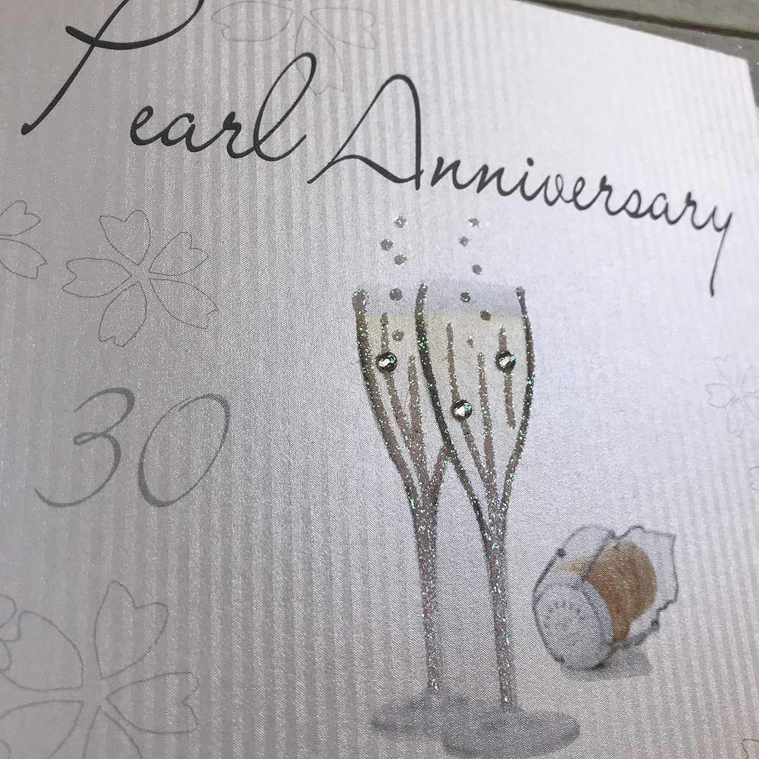 white cotton cards Champagne Glasses Pearl Handmade 30th Anniversary Card, White, WA30, 16cm x 16cm - Image 3