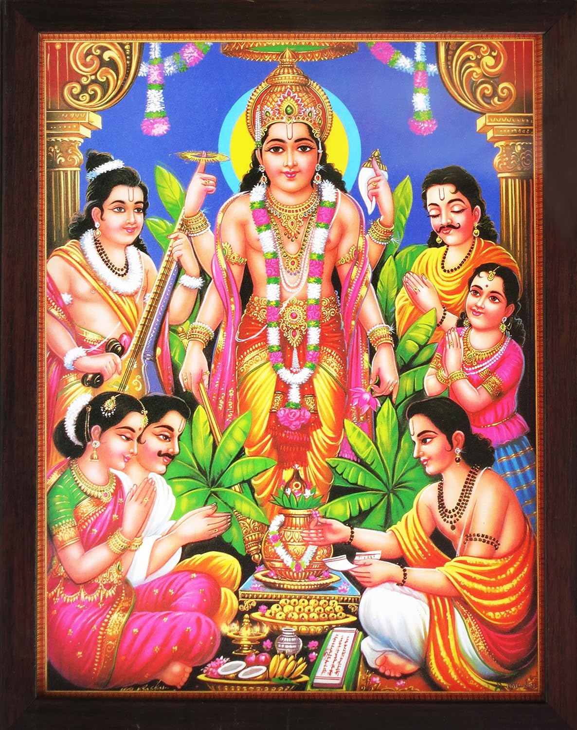 Paintings - Handicraft Store Indian Followers Worshipping Lord Vishnu and Narad, a Poster Painting with Framing, Must for Hindu Religious and Worship Purpose