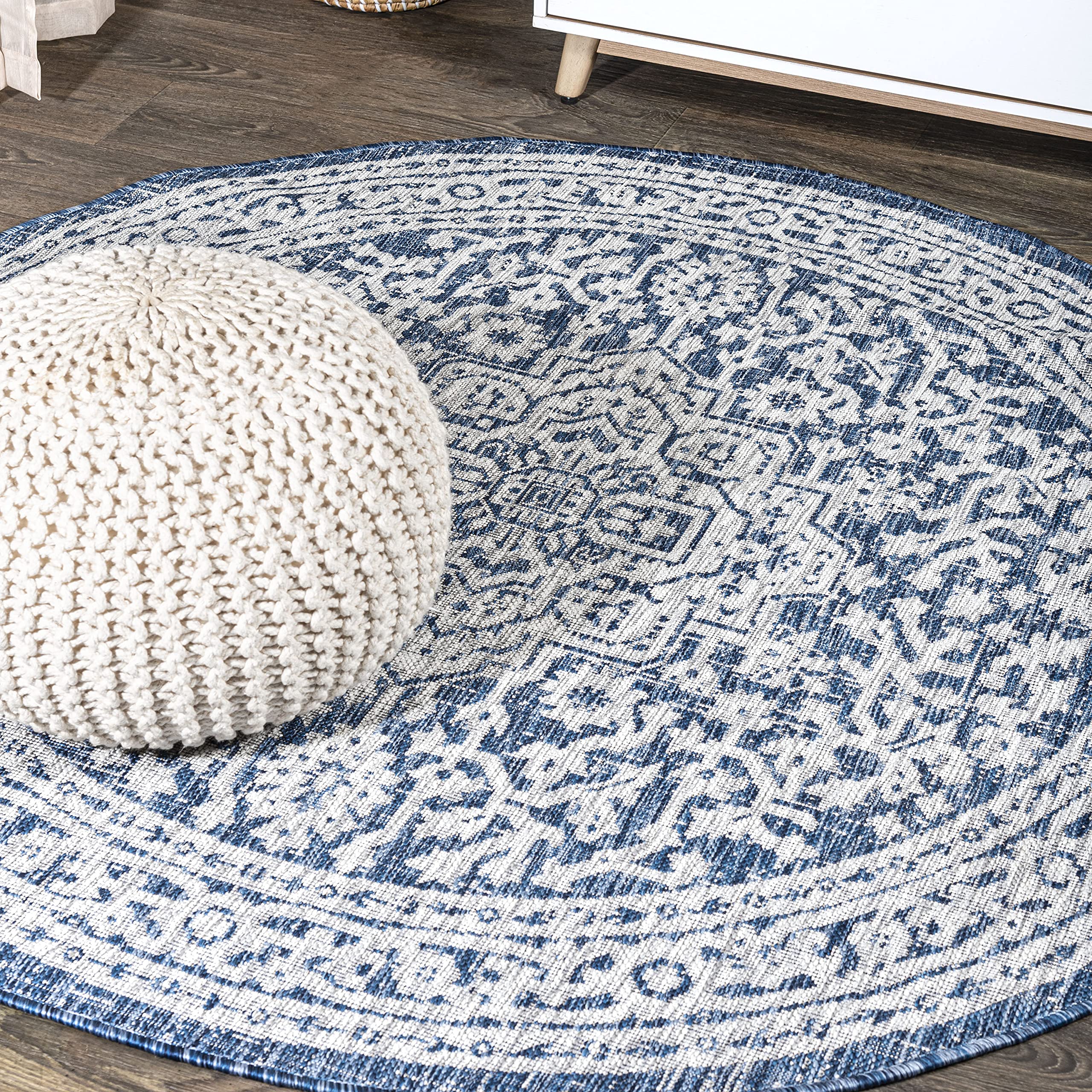 JONATHAN Y Medallion Weave Indoor Outdoor Round Area Rug 9 Ft Navy/Gray, Sinjuri Textured for Backyard, Patio, Porch, Easy-Cleaning, High Traffic, Pet-Friendly, Non-Shedding (SMB101B-9R) Image