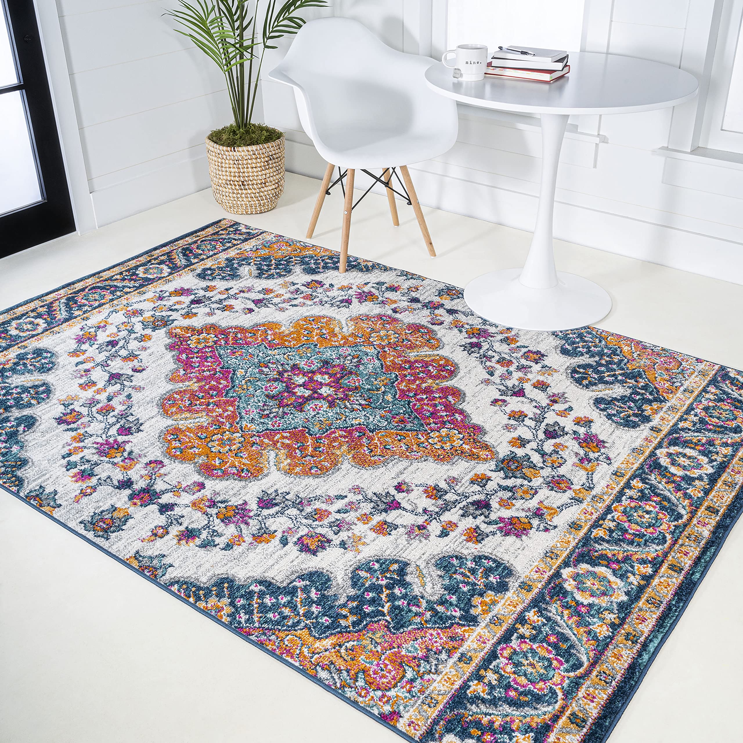Photo 1 of JONATHAN Y Boho Vintage Blue/Multi Indoor Area Rug, 8x10, Bohemian Flair Medallion, Floral Easy-Cleaning High Traffic for Living Room, Bedroom, Kitchen, Pet-Friendly, Non-Shedding (BMF106A-8)