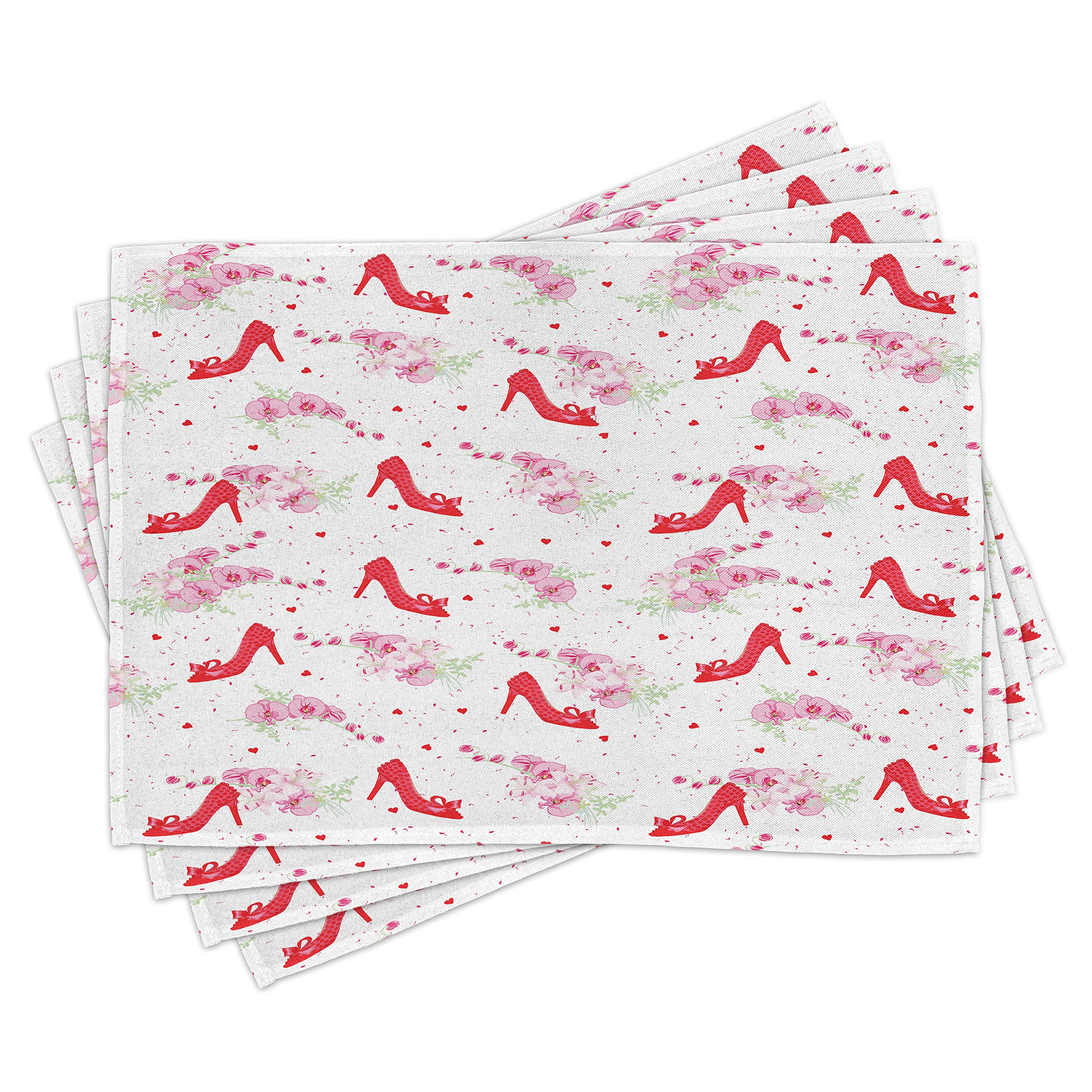 ABAKUHAUS Modern Place Mats Set of 4, Shoes Heels Pattern with Orchid Flowers Petals and Hearts Design Image, Washable Fabric Placemats for Dining Table, Standard Size, White Red
