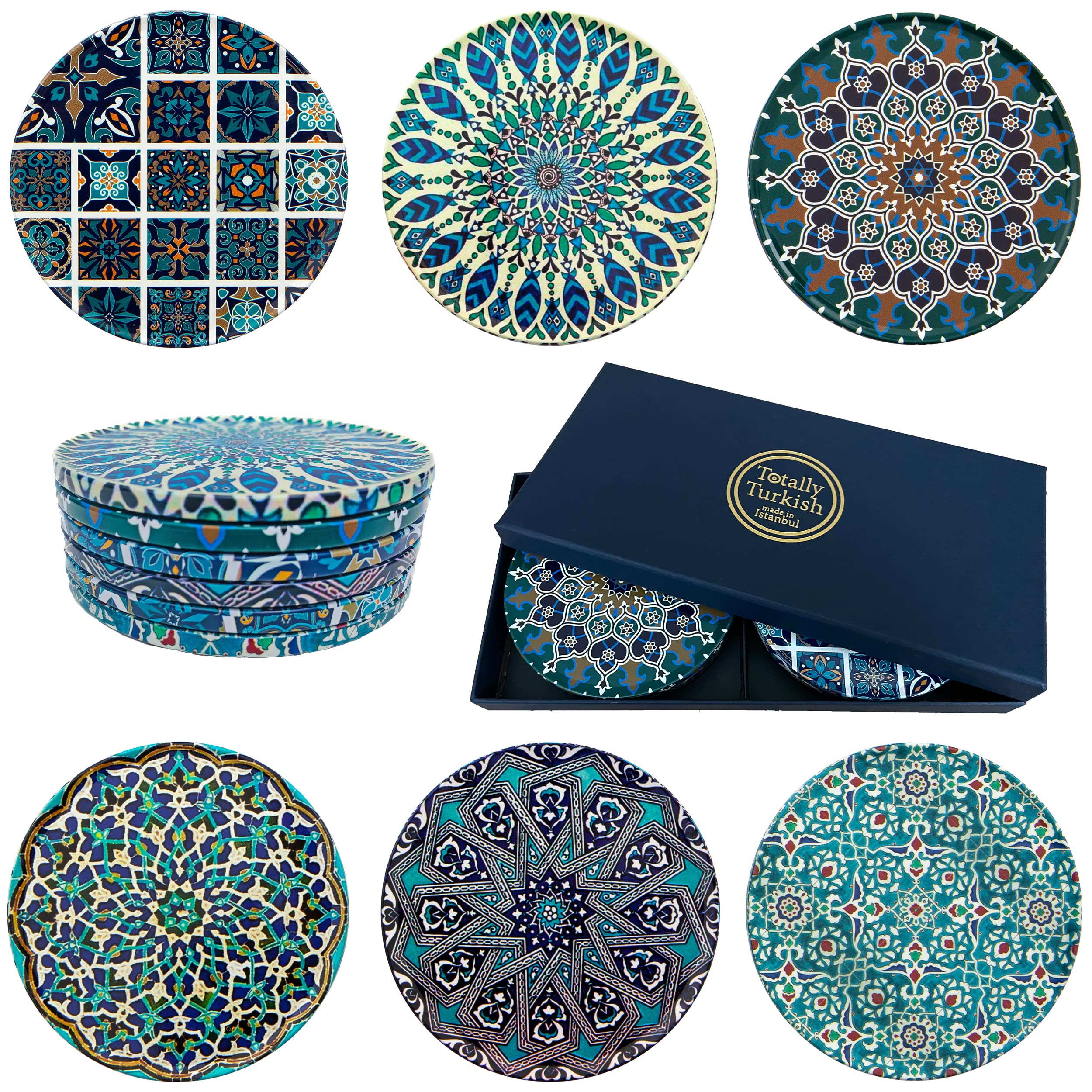 Totally Turkish – Patterned Drink Coasters Set of 6 – Giftable Design Drinks Mat Set – Non-Scratch Top & Non-Slip Cork Base (Aegean) — image 1