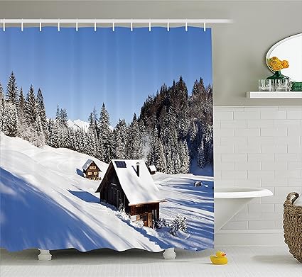 Amazon Com Ambesonne Winter Shower Curtain Log Cabins In The