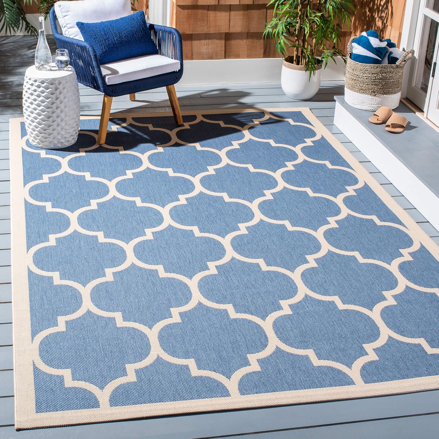 Safavieh Trellis Indoor/Outdoor Woven Rectangle Area Rug, Courtyard Collection, CY6914, in Blue / Beige
