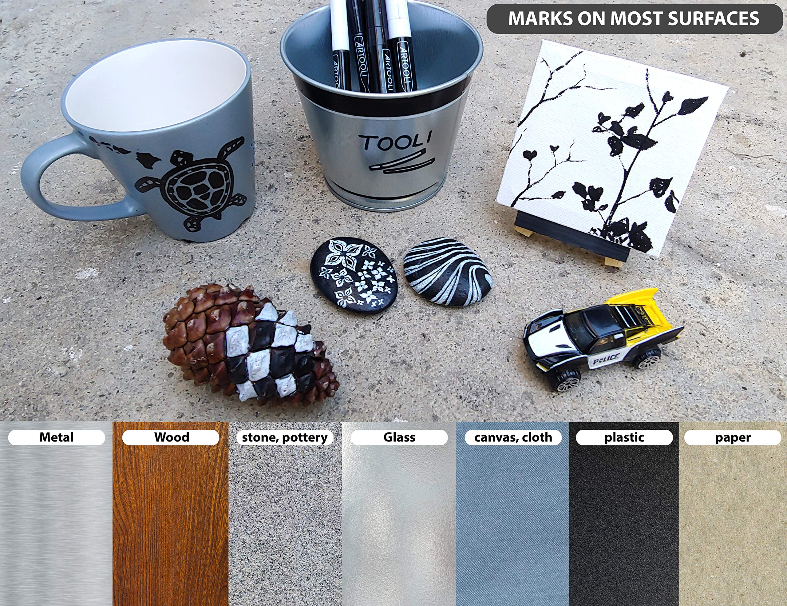 TOOLI-ART Black And White Acrylic Paint Markers Paint Pens Set For Rock Painting, Canvas, Mugs, Metal, Glass Paint, Fabric, Wood, DIY. Non Toxic, Quick Dry,Waterbas (EXTRA FINE & MEDIUM)