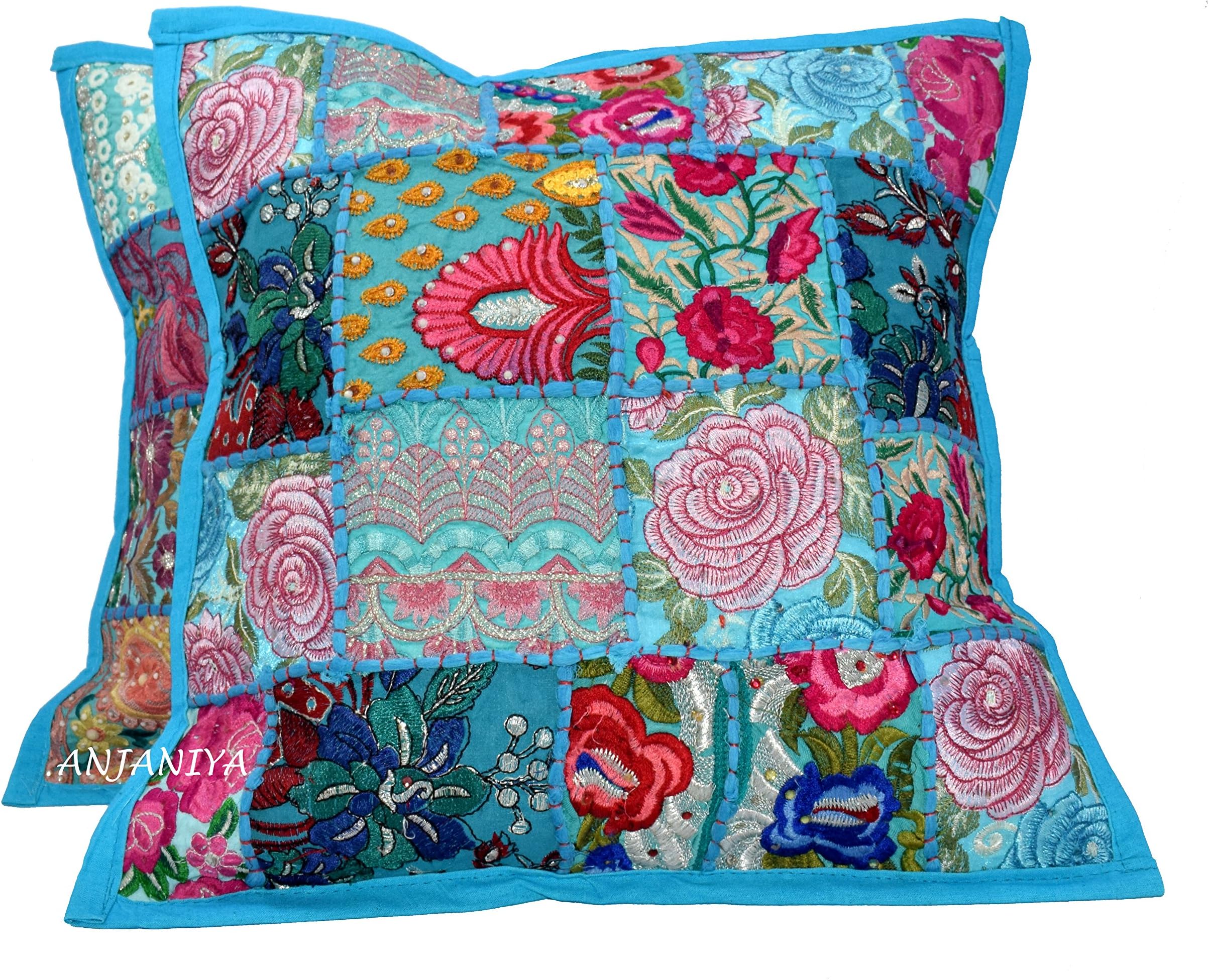 ANJANIYA 2 Indian Embroidery Patchwork Sequin Cushion Cover Boho Throw Pillow Cushion Cover Decorative Pillows Cotton Hand Embroidered Pillow Cases 18x18 inches, 45x45 CM (Turquoise)