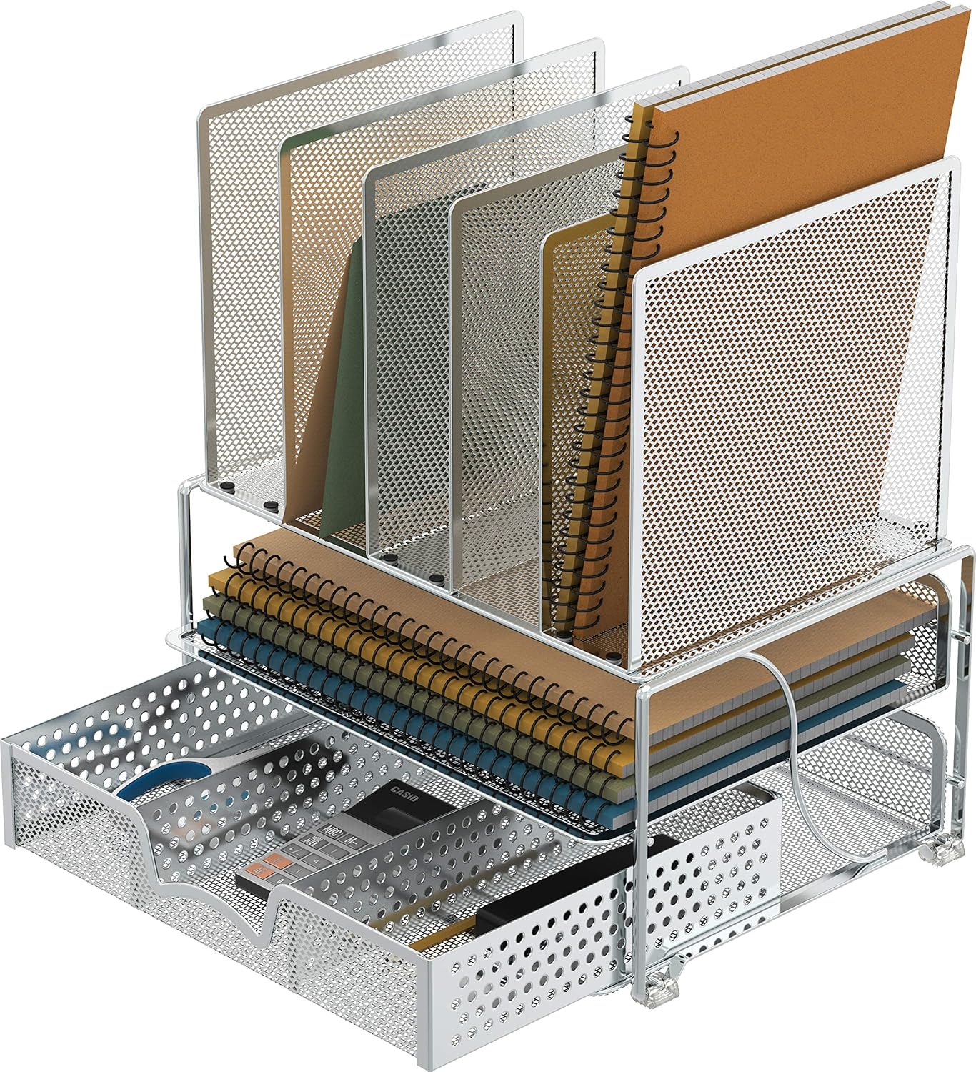 SimpleHouseware Mesh Desk Organizer with Sliding Drawer, Double Tray and 5 Upright Sections, Black : Office Products