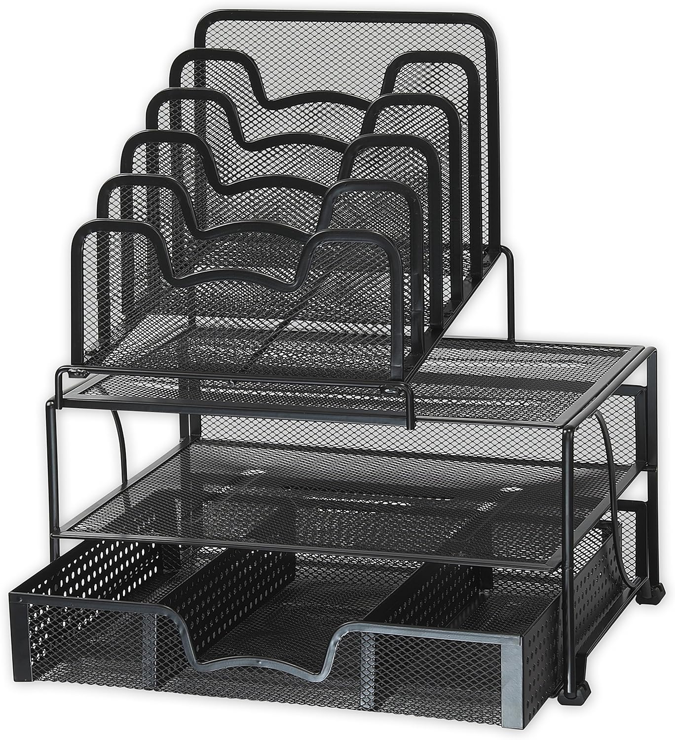 SimpleHouseware Mesh Desk Organizer with Sliding Drawer, Double Tray and 5 Stacking Sorter Sections, Black : Office Products