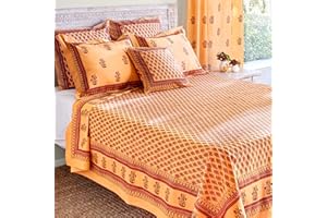 Saffron Marigold Twin Summer Bedspread - Lightweight 100% Orange Cotton, Hand Block Printed Floral Bedding Comforter for Your Bedroom Decor Indian Summer 70x90 inches