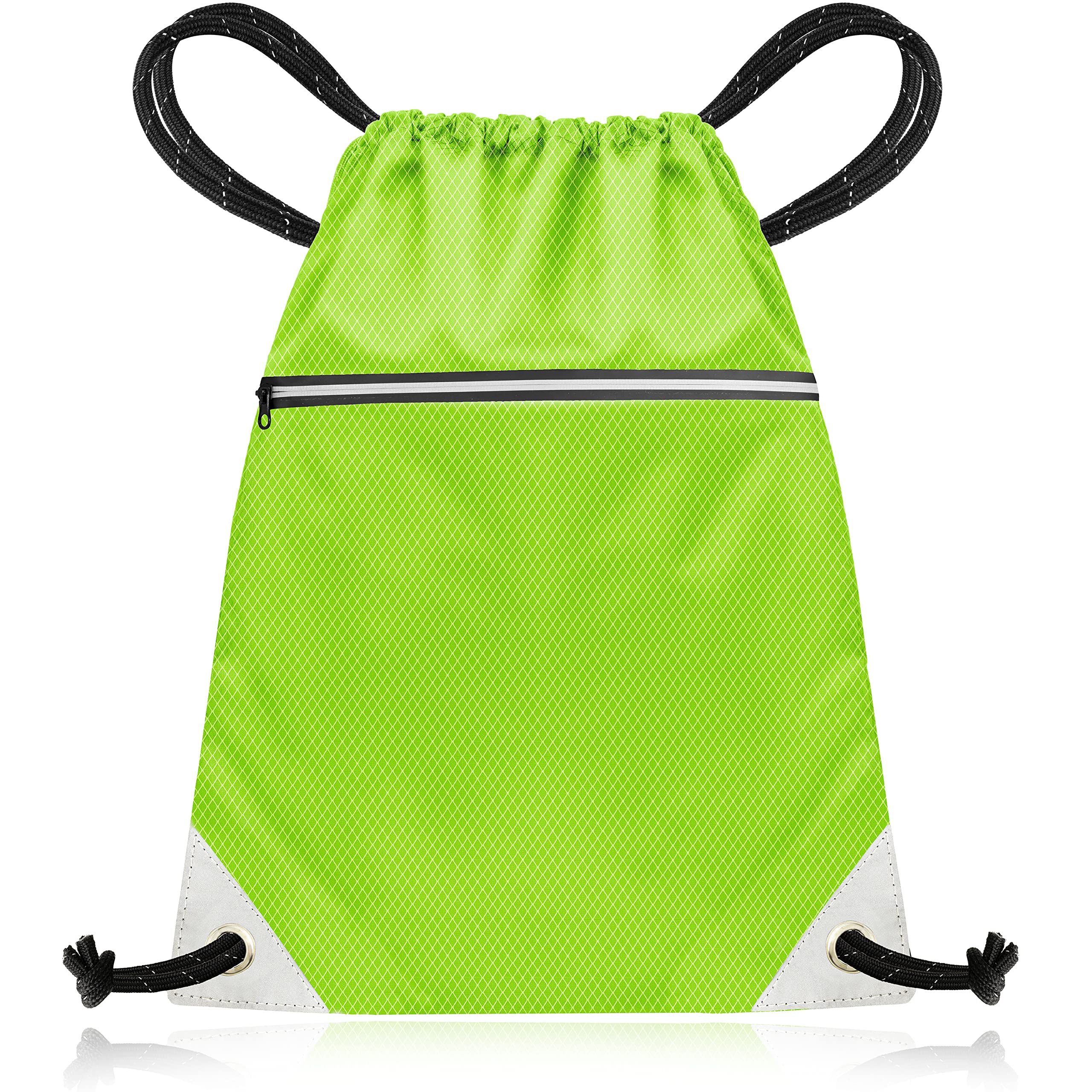 aZengear Neon Green Drawstring Bag from Waterproof Recycled Polyester for Gym, PE, Sport, Swimming | Light Reflective Zip Pockets and String(14x16”)