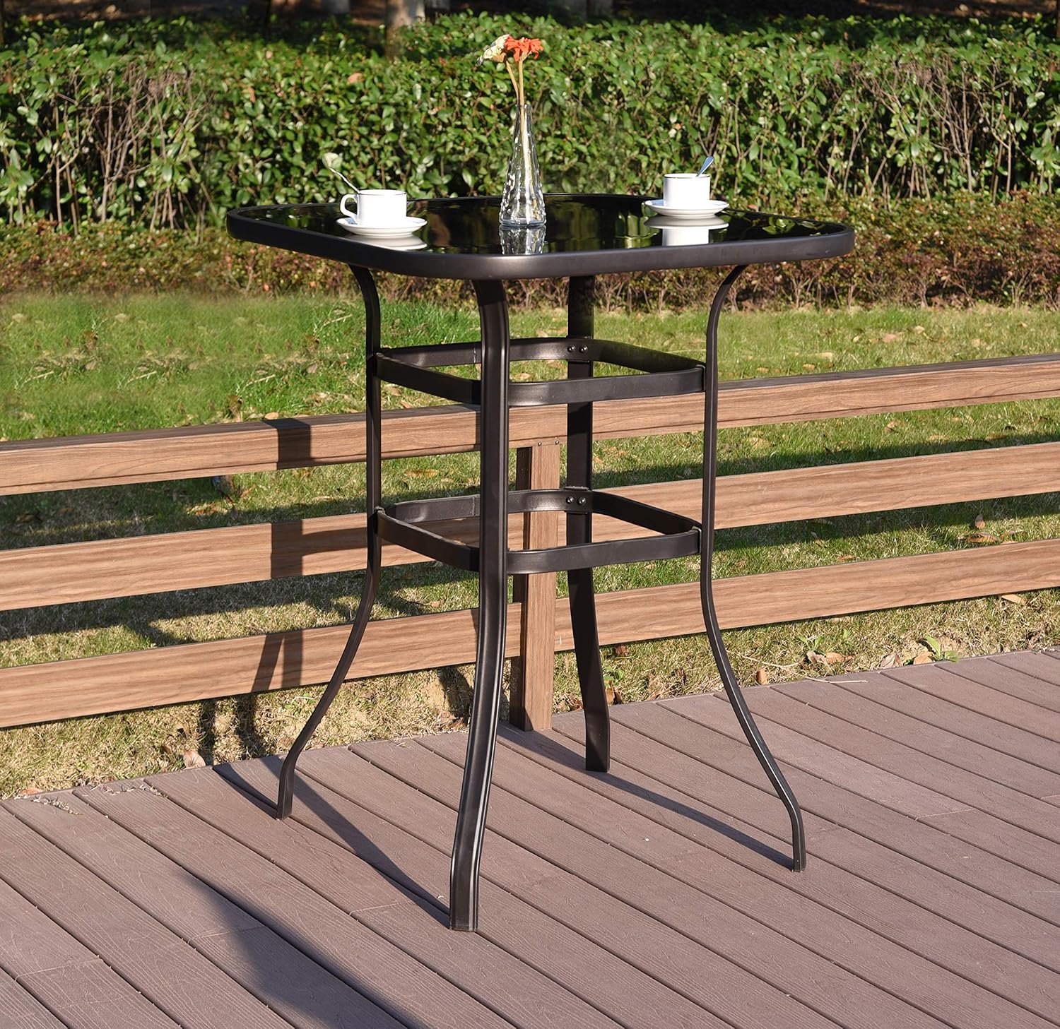 Emerit Patio Bar Tables, Outdoor Bistro Bar Height Table, Metal Frame Tempered Glass Table High Top: Garden & Outdoor