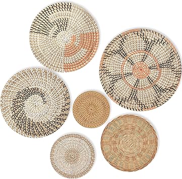 Amazon Com Hanging Woven Wall Basket Decor Set Of 6 13 To 6 Seagrass Baskets Wall Decor Rattan Decor For Boho Wall Art Round Wicker Decorative Tray Flat Basket For
