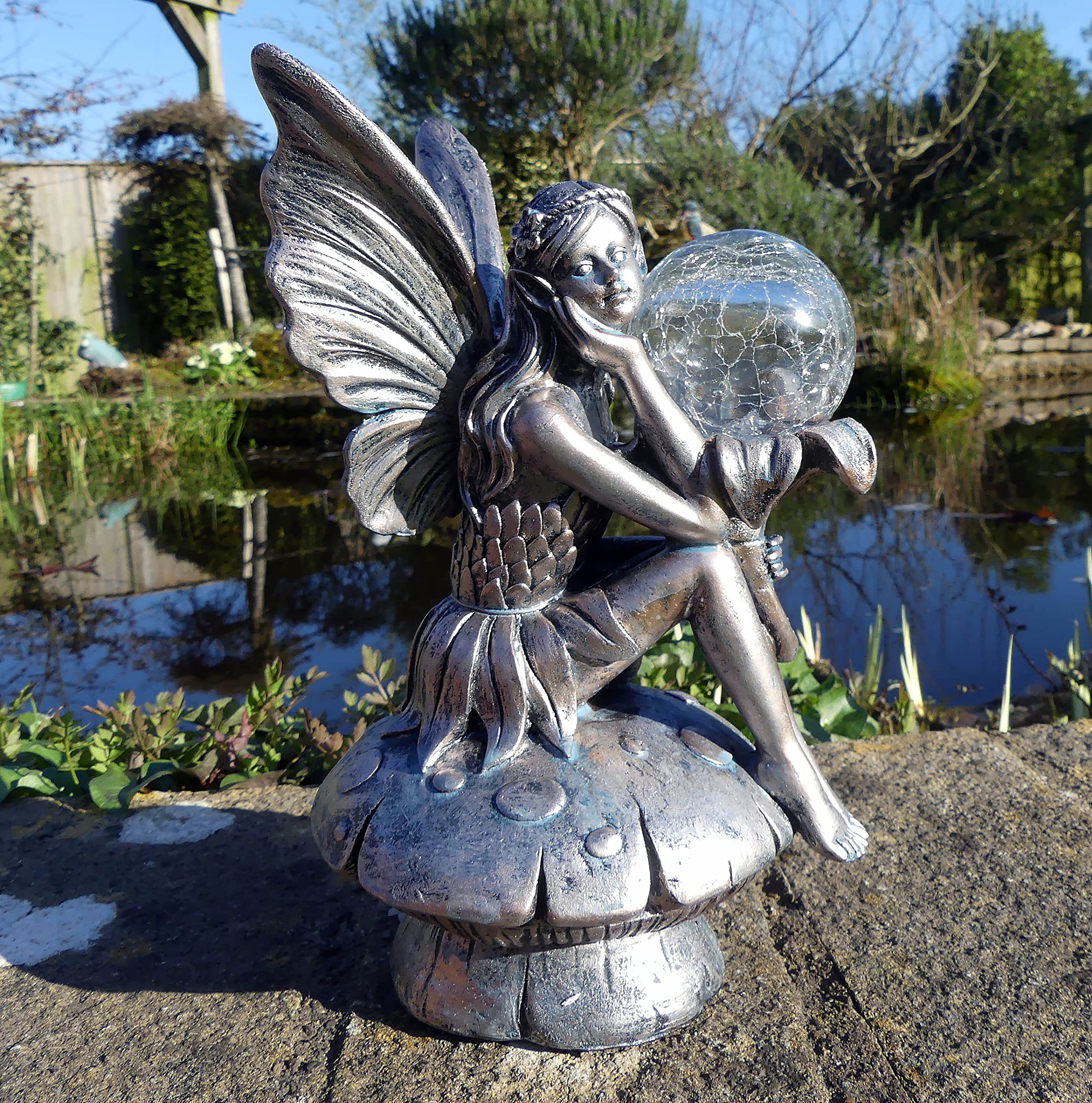 Mia On A Mushroom Solar Fairy 24cms Tall - Garden Fairy Ornament/Statue