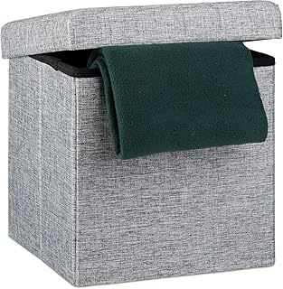 Relaxdays Faltbarer Sitzhocker, Sitzcube als Fußablage, Sitzwürfel aus Leinen, Deckel zum Abnehmen, 38x38x38 cm, grau