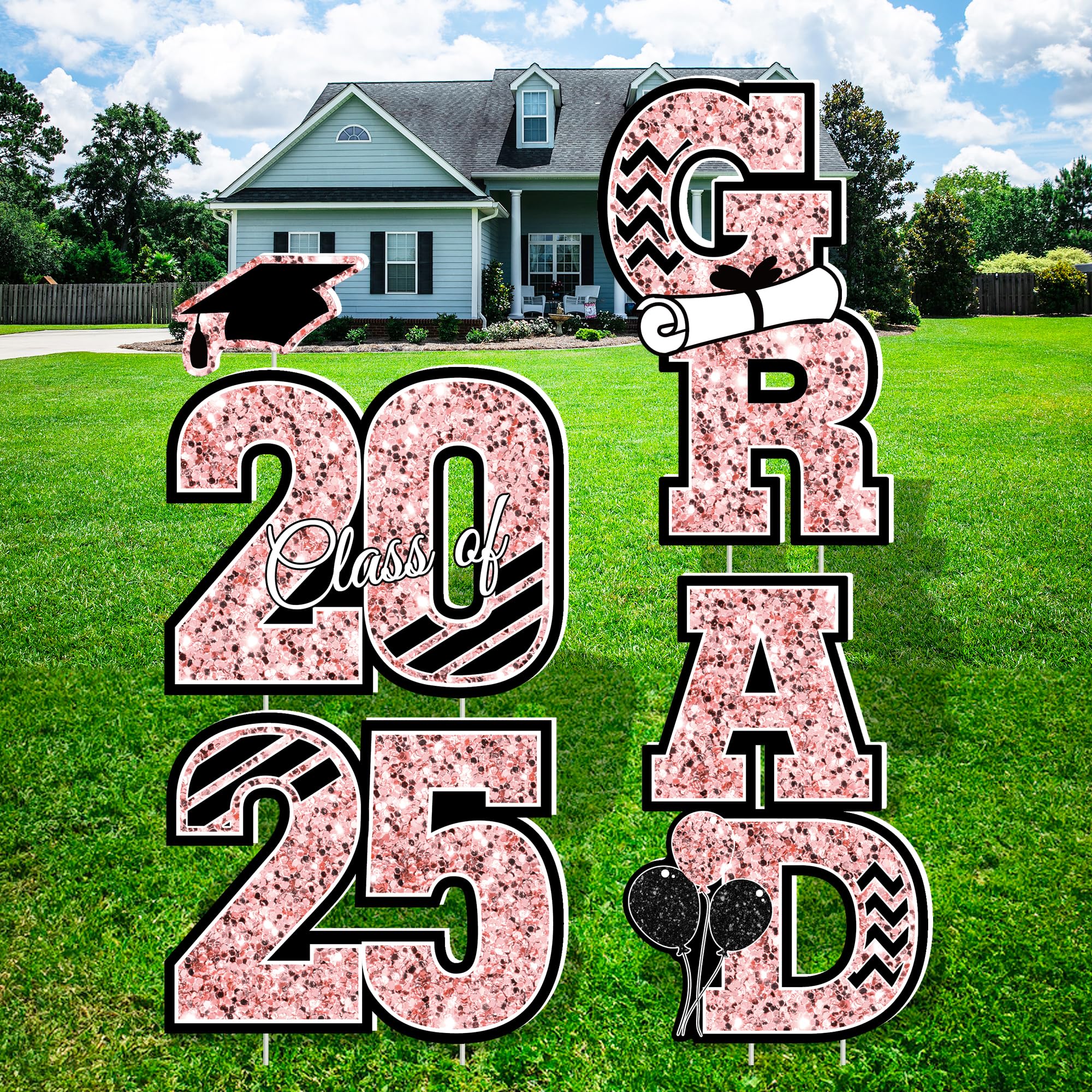 Photo 1 of 2025 Graduation Decorations, Waterproof Pink Graduation Yard Signs, Large Congrats Grad Yard Signs Class of 2025 Graduation Yard Sign with Stakes for College Graduation Party Decorations