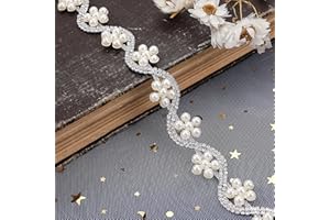 Rytenz 1 Yard Pearl Tassel Rhinestone Trim, Inlaid Pearl Beaded Chain, Crystal Applique Ideal for DIY and Wedding Party Decoration Bridal Embellishments (Gold Tassel Trim)