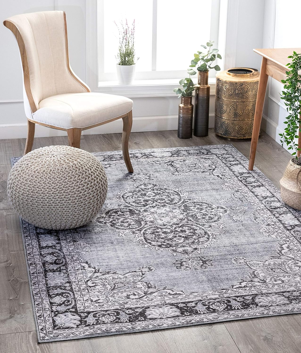 Well Woven Mareva Machine Washable Grey Vintage Oriental Medallion Area Rug 3x5 (3'9" x 5'7")