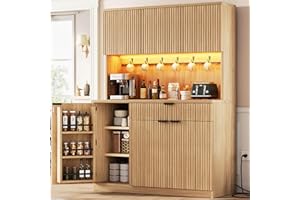 Jocoevol Fluted Kitchen Pantry Storage Cabinet with Charging Station/LED Light/Doors/Shelves, 71'' Tall Kitchen Food Hutch with Microwave Stand for Dining Room Living Room (Natural, 41 * 15.7 * 71)