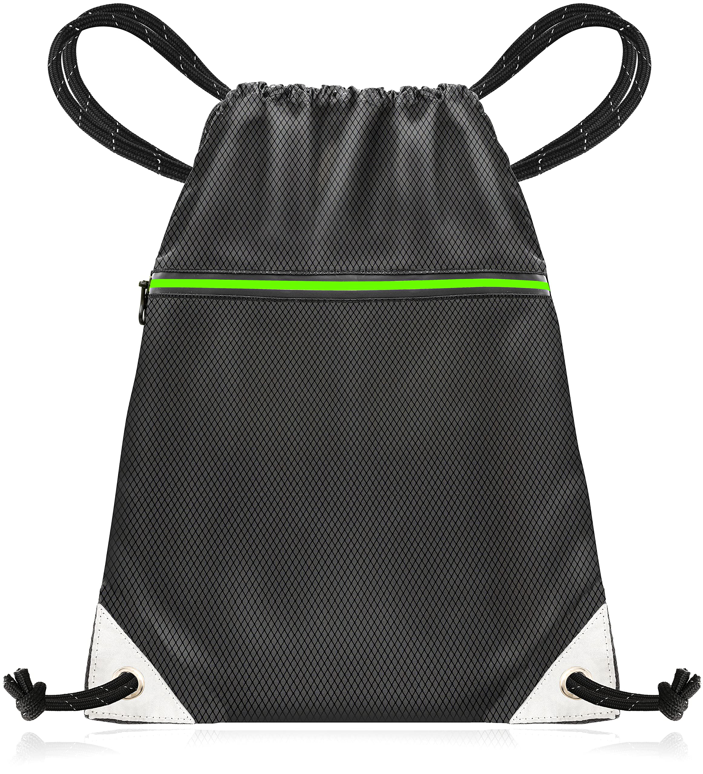 aZengear Black Drawstring Bag from Waterproof Recycled Polyester for Gym, PE, Sport, Swimming | Light Reflective Zip Pockets and String (16x19”)