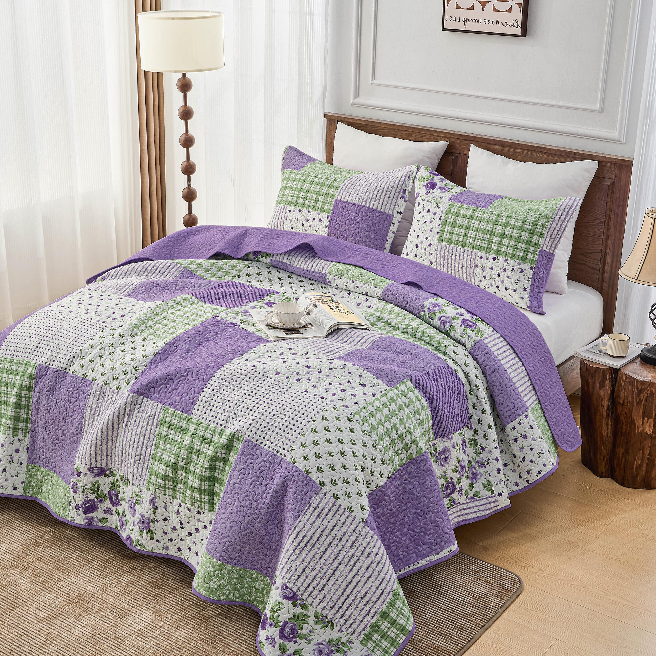Simple&Opulence Quilted Patchwork Bedspread King Size, Bed Throw 3 Piece Bedding Set Includes Coverlet with 2 Pillowcase, Floral Patchwork Quilted Throw(240x260cm,Purple Green)