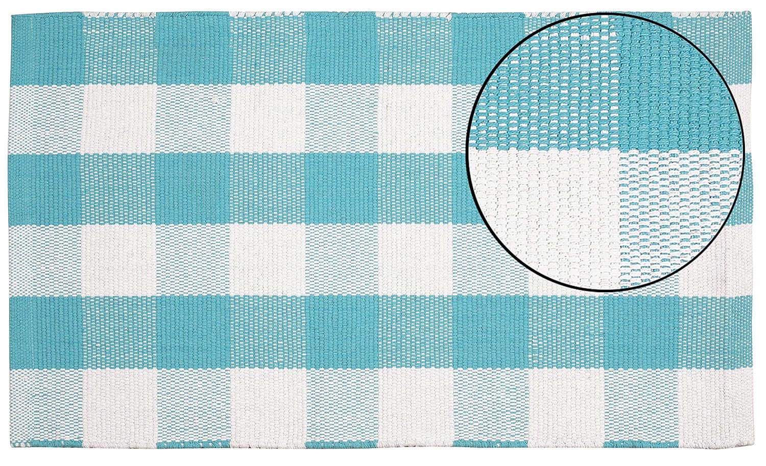 Buffalo Check Cotton Rug 2-Piece Set 21x34 - Buffalo Checkered Rug 100% Cotton for Kitchen Entryway Living Room - Aqua-White