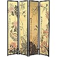 MyGift Decorative 4 Panel Folding Room Divider Bamboo Screen with Chinese Calligraphy Design, 6FT Freestanding Floral Artwork Room Partitioner with Black Wood Frame