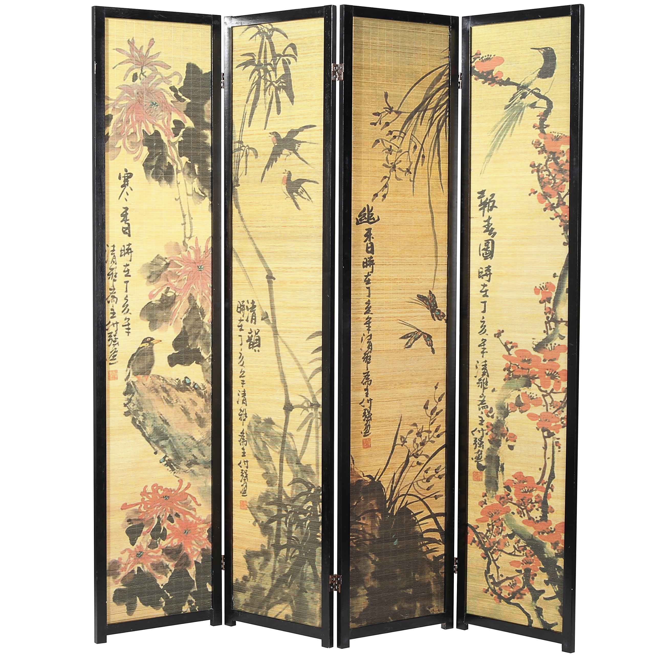 Photo 1 of MyGift Decorative 4 Panel Folding Room Divider Bamboo Screen with Chinese Calligraphy Design, 6FT Freestanding Floral Artwork Room Partitioner with Black Wood Frame