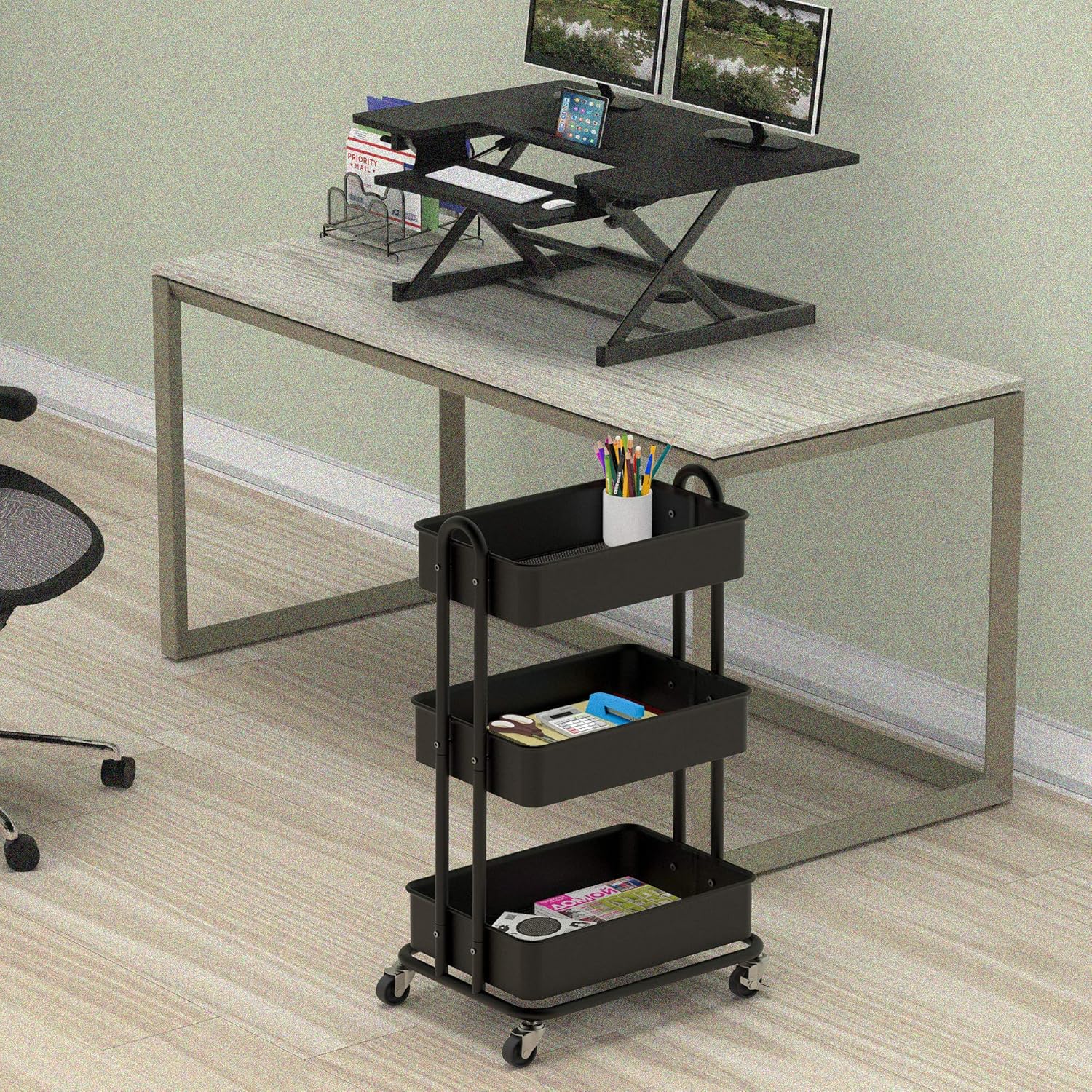 SimpleHouseware Heavy Duty 3-Tier Metal Utility Rolling Cart, Black : Office Products