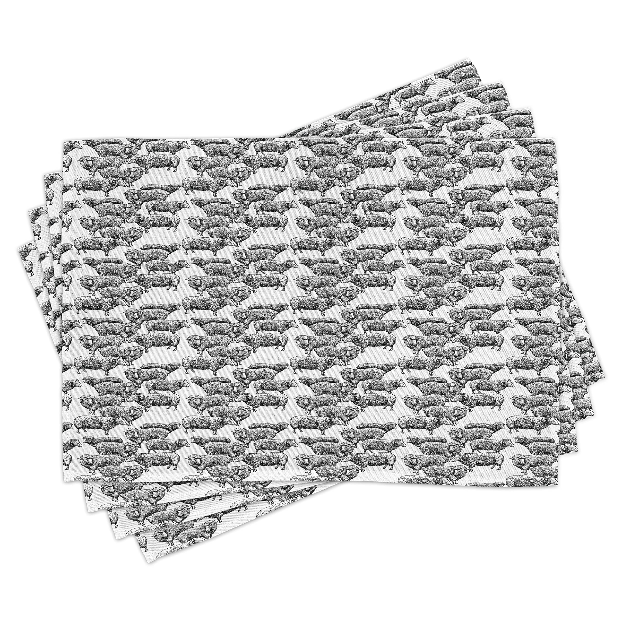ABAKUHAUS Cattle Place Mats Set of 4, Vintage Engraved Style Herd of Sheep and Lamb with Fur on White Background, Washable Fabric Placemats for Dining Room Kitchen Table Decor, Black and White