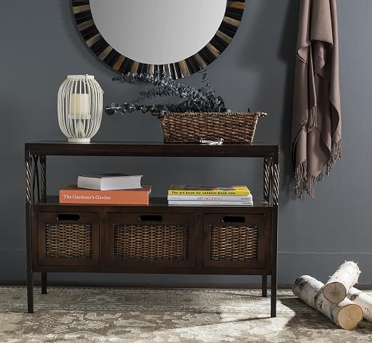 Amazon Com Safavieh American Homes Collection Joshua Antique Dark Walnut And Pewter 3 Drawer Console Table Furniture Decor