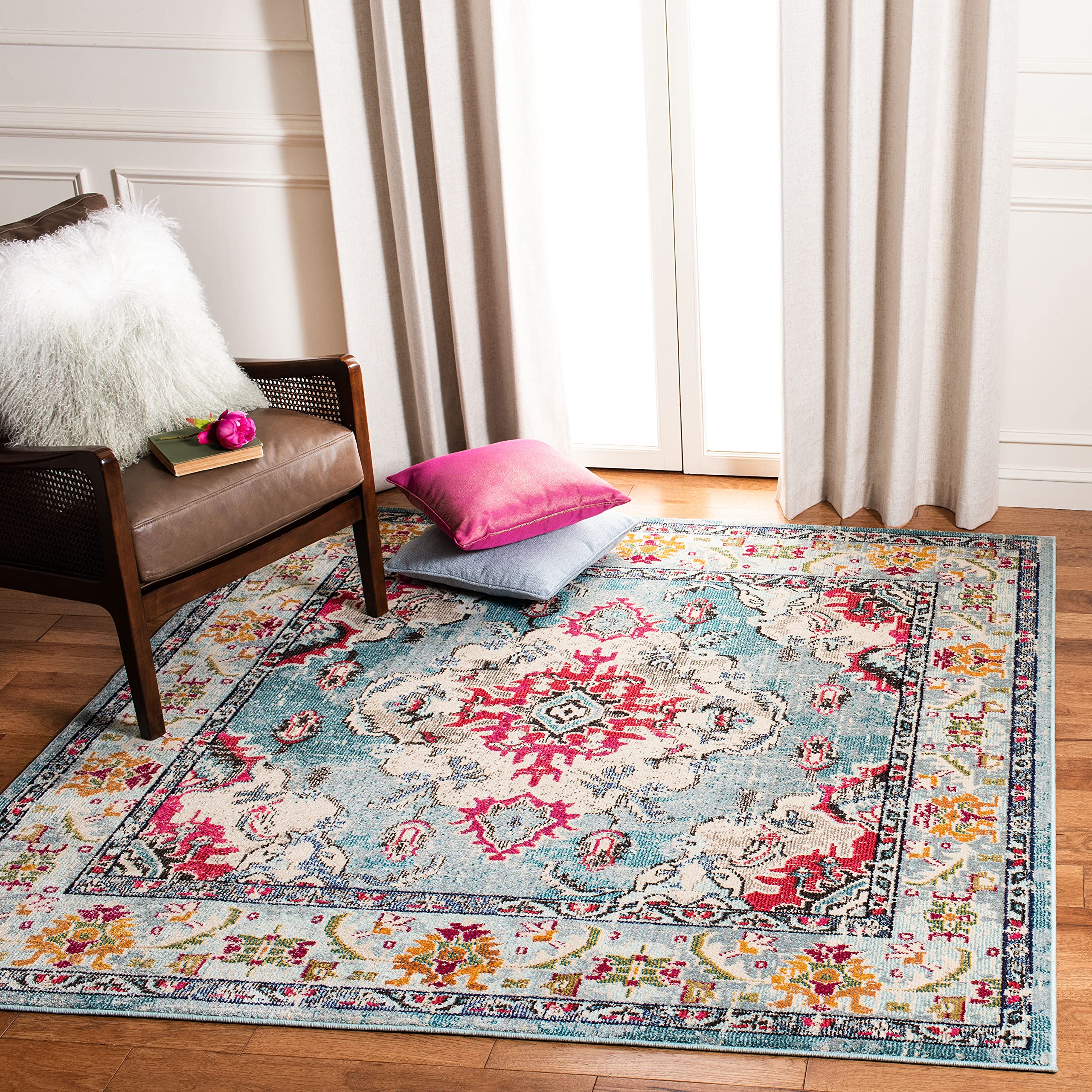 SAFAVIEH Monaco Collection Area Rug - 8'8" Square, Light Blue & Fuchsia, Boho Chic Medallion Distressed Design, Non-Shedding & Easy Care, Ideal for High Traffic Areas in Living Room, Bedroom (MNC243J) Image