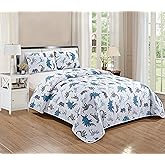Kids Zone Dinosaurs Quilted Bedspread Set for Boys/Teens Blue Navy Blue Black White Dino Kingdom New (Full/Queen)