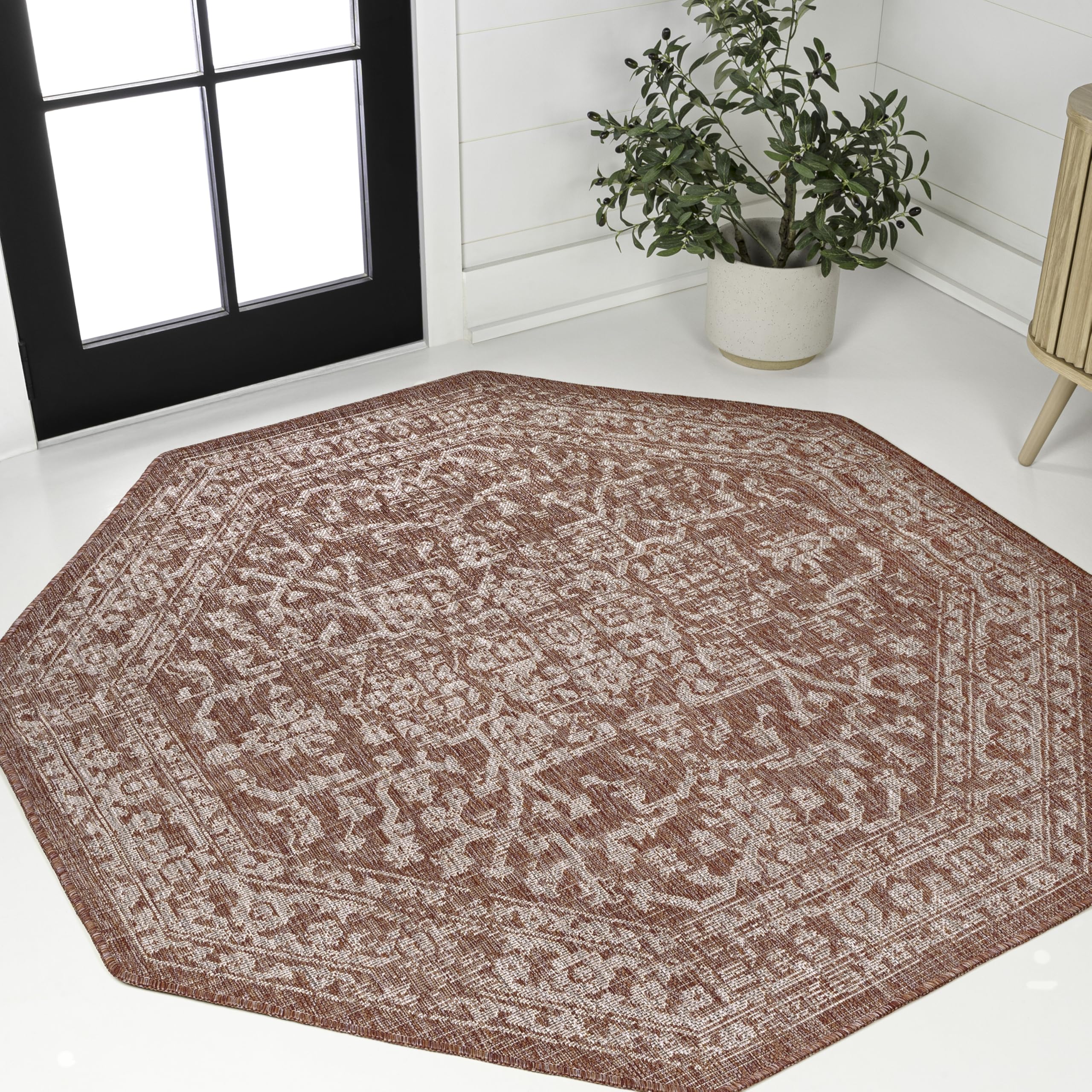 JONATHAN Y Boho Medallion Indoor Outdoor Octagon Area Rug 8 Ft Red/Taupe, Malta Textured Weave for Backyard, Patio, Porch, Easy-Cleaning, High Traffic, Pet-Friendly, Non-Shedding (SMB104A-8TGN) Image