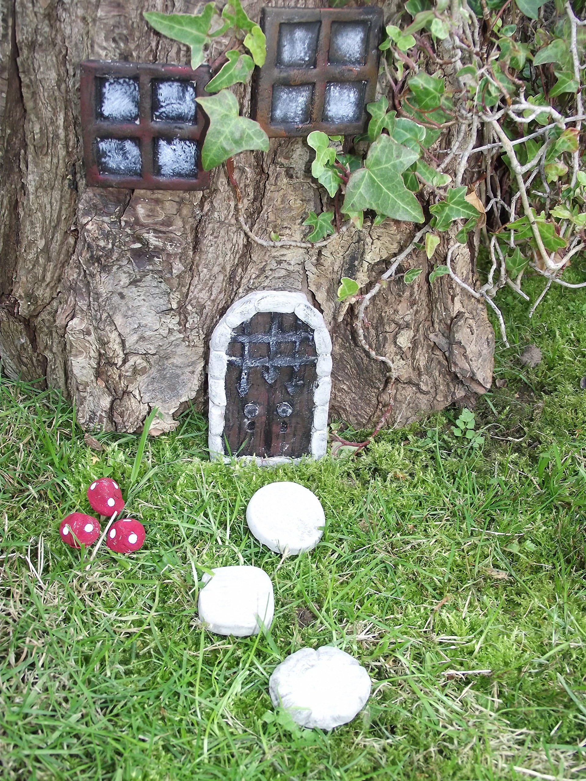 Hand Made Fairy Garden Kit with Stone Portcullis Style Fairy Door, Square Windows, Stepping Stones and Mushrooms