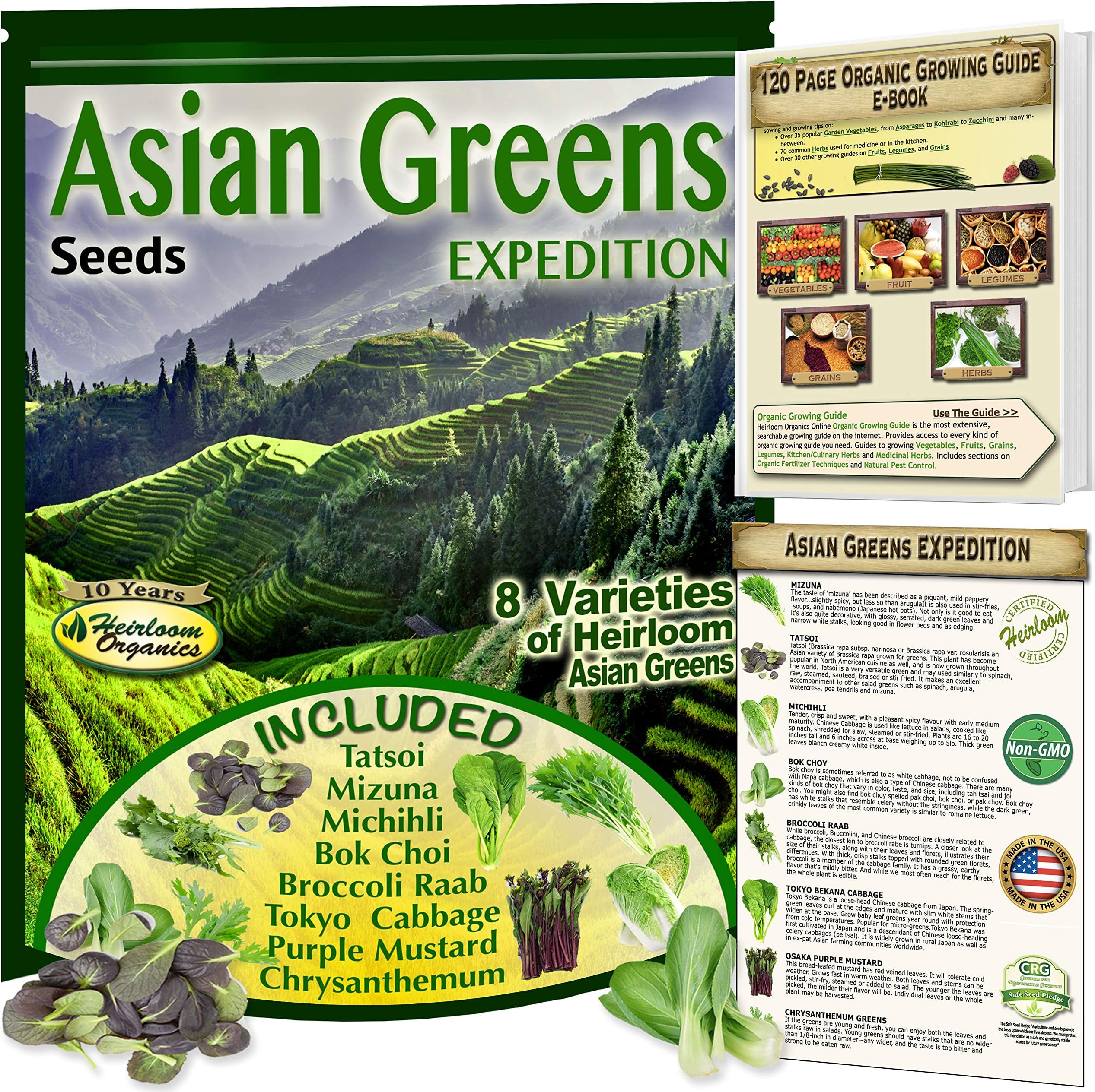 Asian Greens Seeds Expedition! 8 Nutritious Heirloom Non-GMO Leafy Greens. Organic Growing Guide Included.