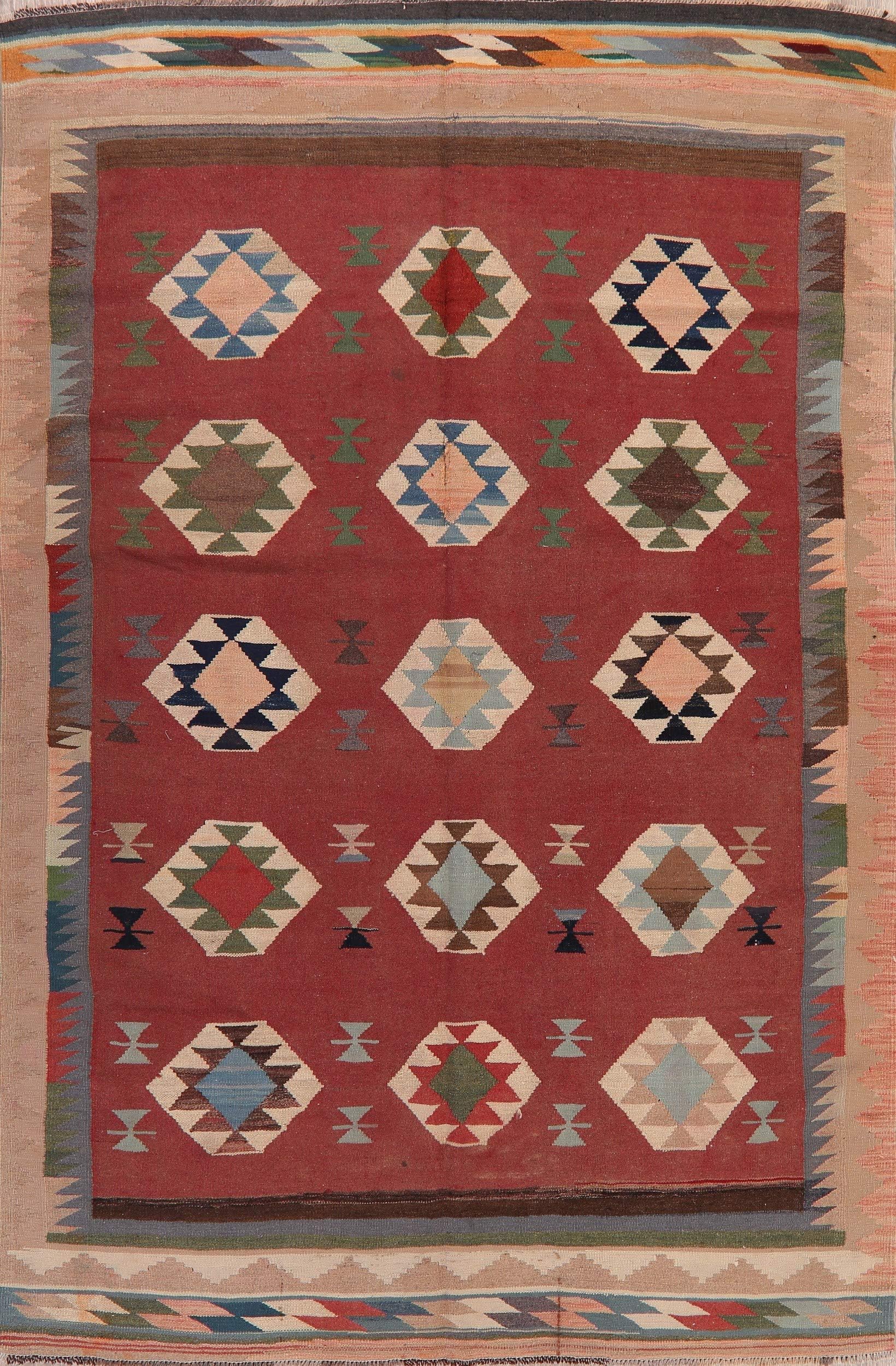 Vintage Geometric Southwest Style Red Reversible Kilim Area Rug Oriental Wool Flatweave Carpet 6x10 (6' 4'' x 9' 7'')