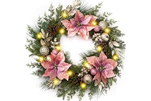 DECOR BY HANNAH Decorbyhannah Collapsible Christmas Wreath, 24 inch Christmas Wreaths for Front Door with Lights, Artificial Reef Indoor Outdoor Decoration with Flower Pinecone Ornaments for Table Window (Pink Gold)