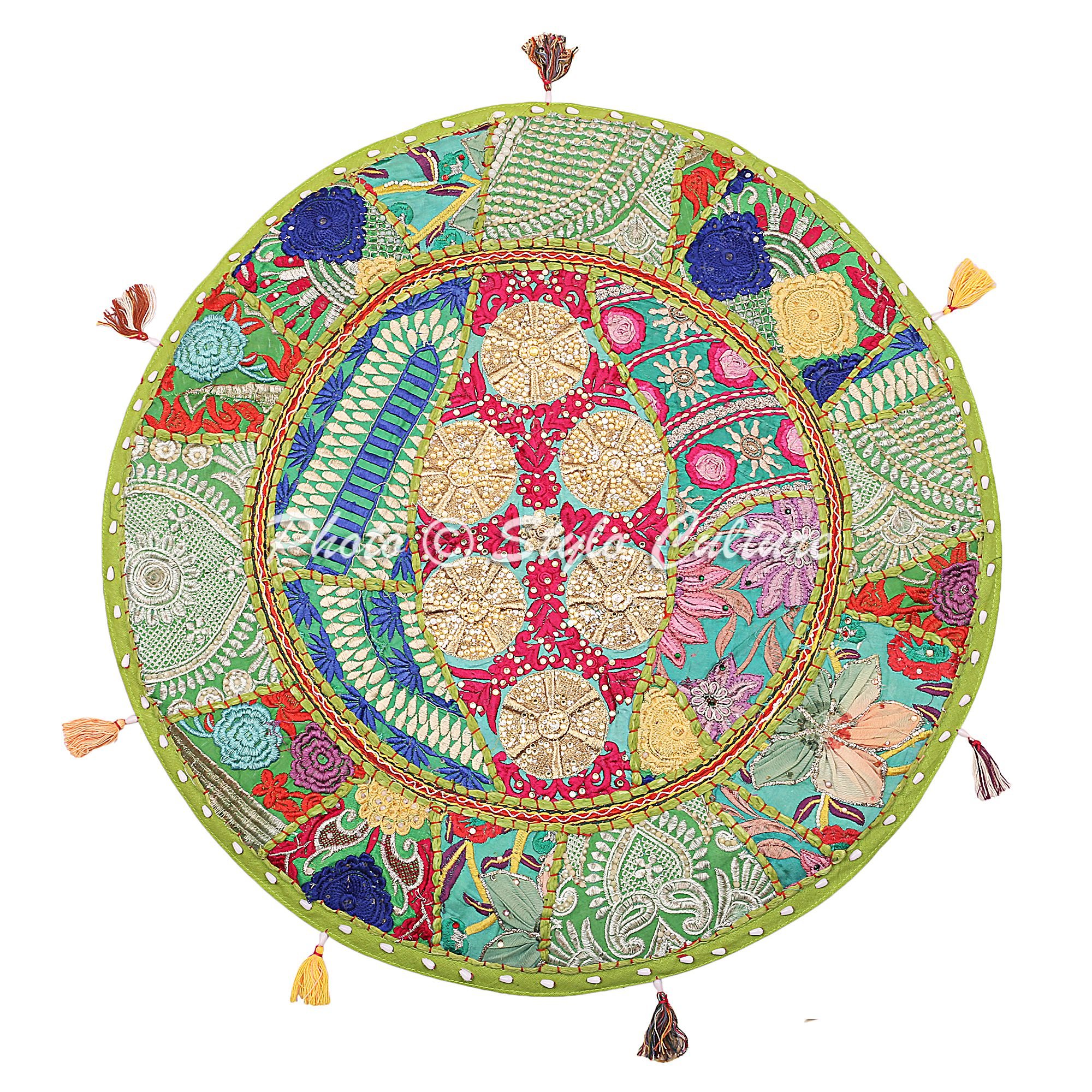 Stylo Culture Ethnic Round Floor Cushion Pillow Scatter Cushion Cover Parrot Green 55x55 cm Vintage Patchwork Lounge Boho Elegant 22 Inch Lounge Cotton Embroidered Couch Sitting Cover