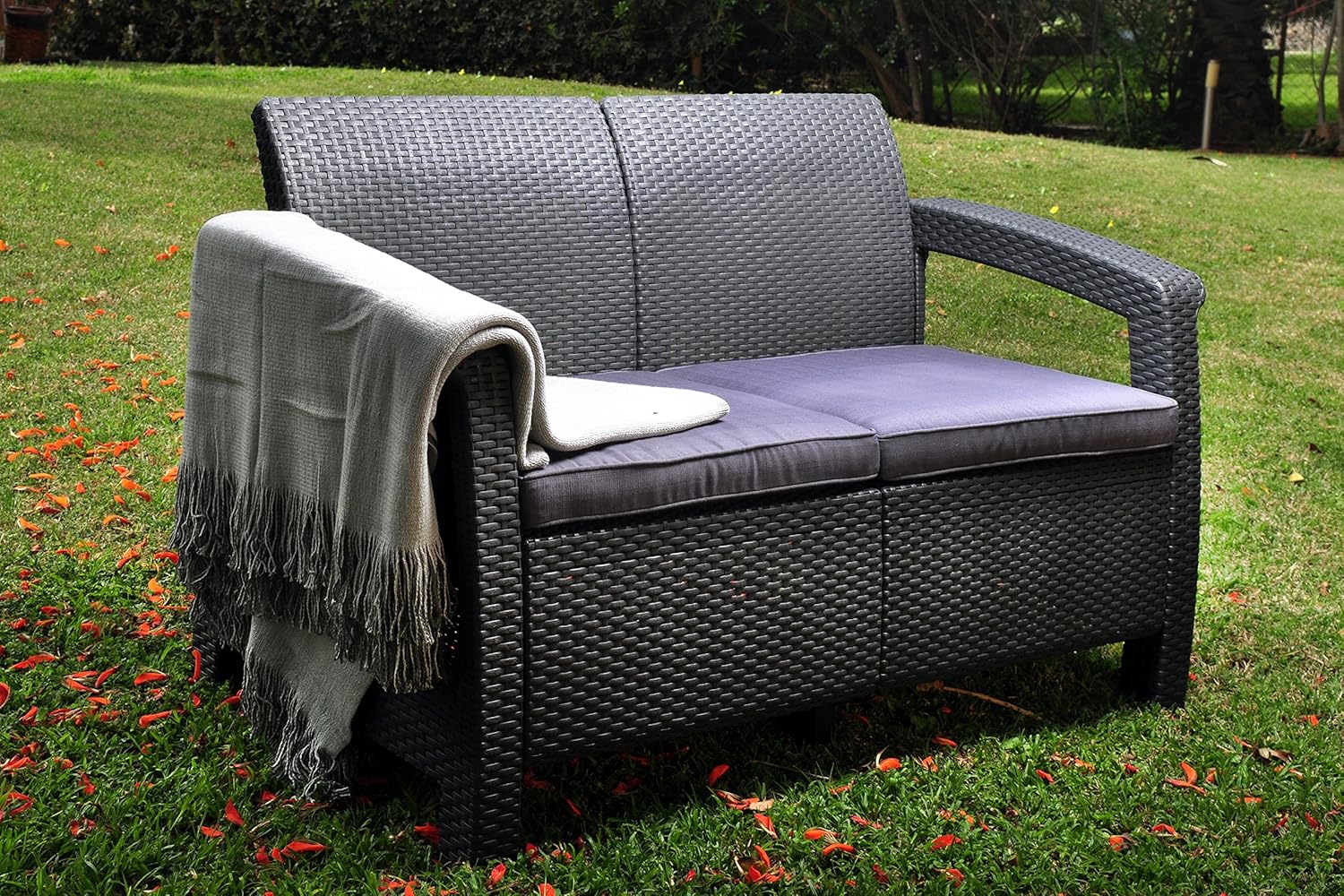 Keter Corfu Resin Wicker Loveseat with Outdoor Cushions – Patio Furniture Perfect for Front Porch Décor and Poolside Love Seats, Grey : Patio Loveseats : Garden & Outdoor