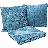 Comfort Spaces Ruched Faux Fur Plush Throw Blanket and Pillow Set with 2 Matching Square Pillow Covers Sofa Throw Blanket for Living Room, Chair, Couch, Home Office Luxurious Fuzzy Soft Teal 50"x 60"