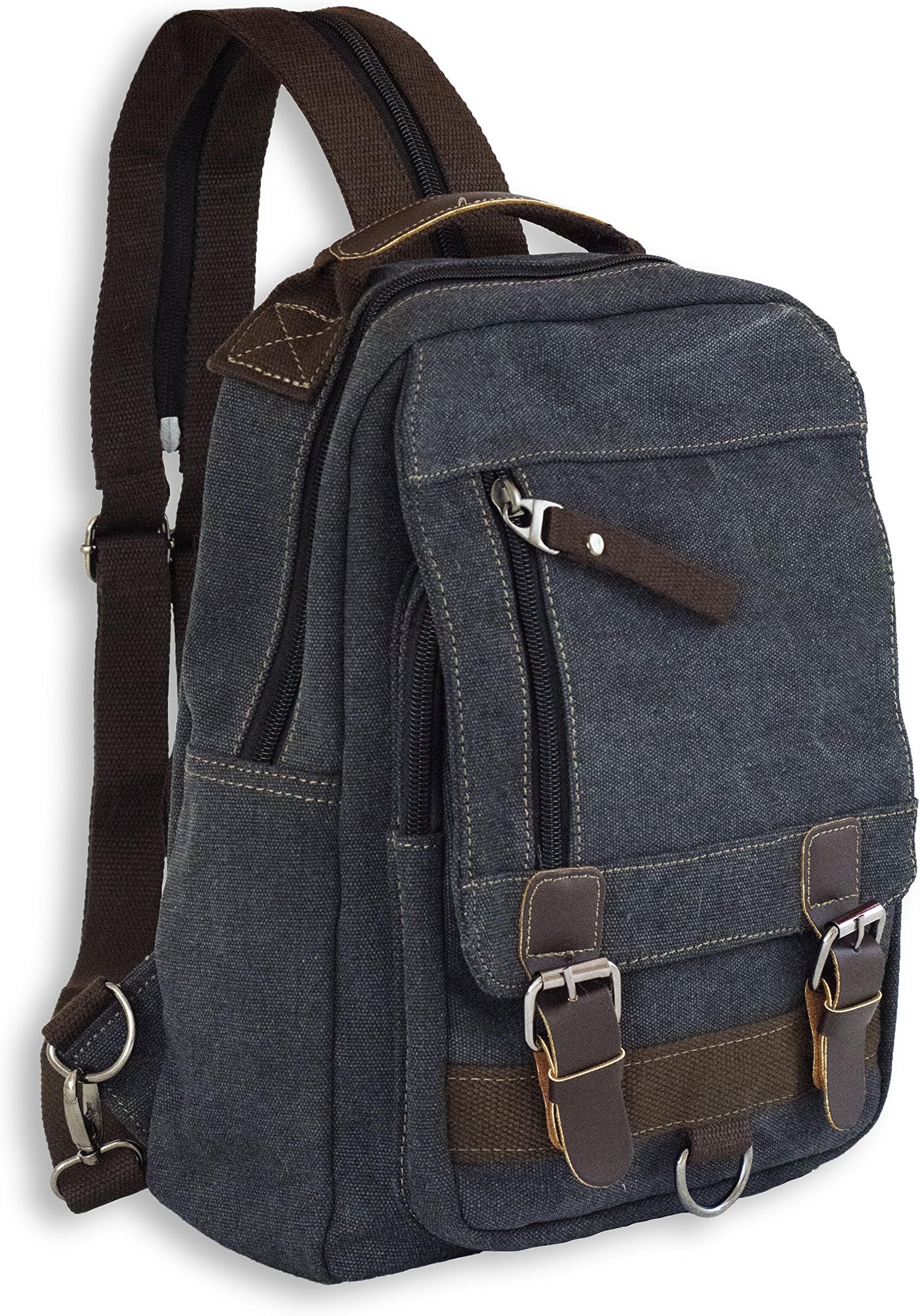 Small Messenger Bag and Sling Backpack Convertible Canvas Cross Body Shoulder Pack - Wear With One Strap or Two (Charcoal)