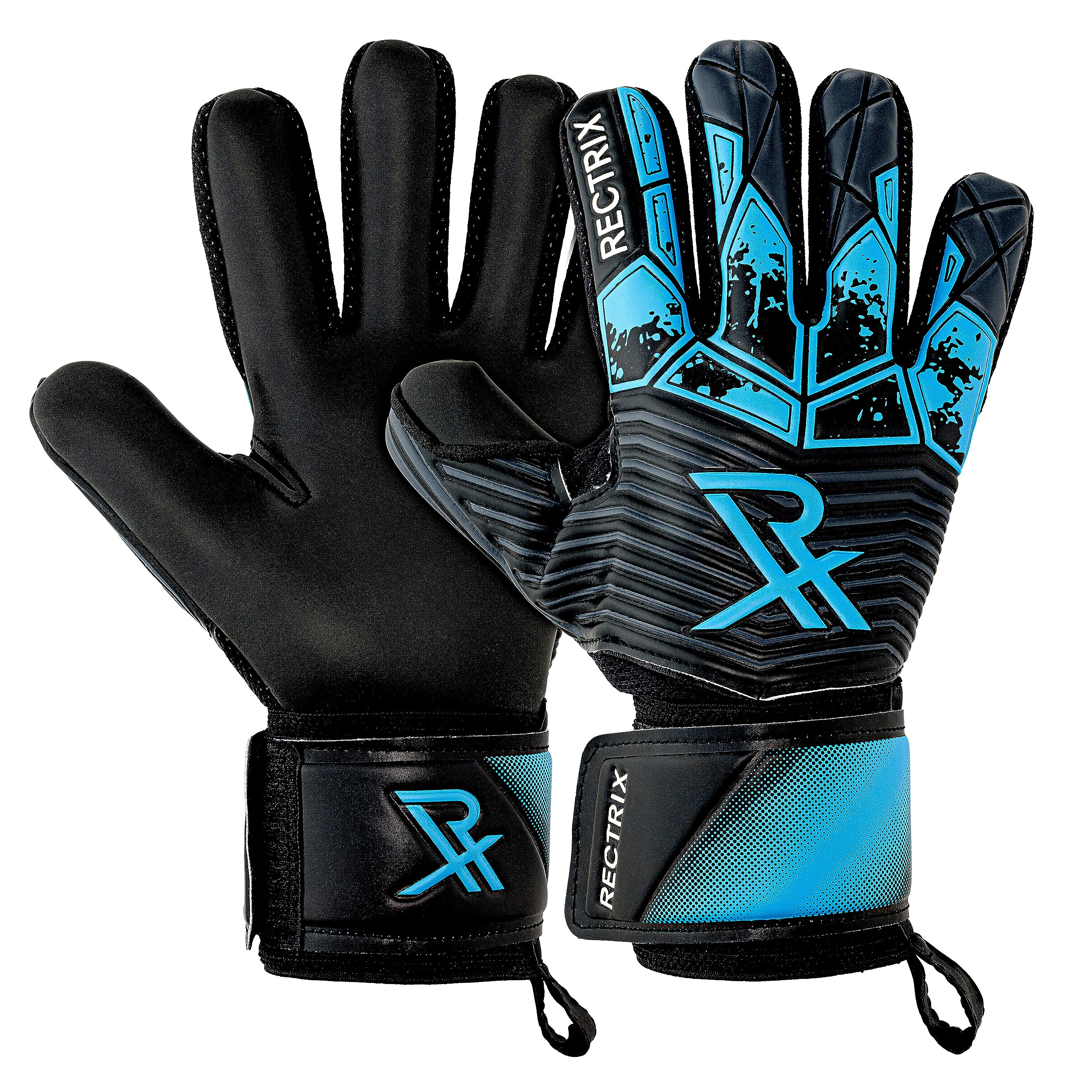 Rectrix Bold Goalkeeper Gloves - Fingersave Protection - German Latex - Negative Cut - Youth & Adult Sizes - For Football Soccer (Blue, 8)