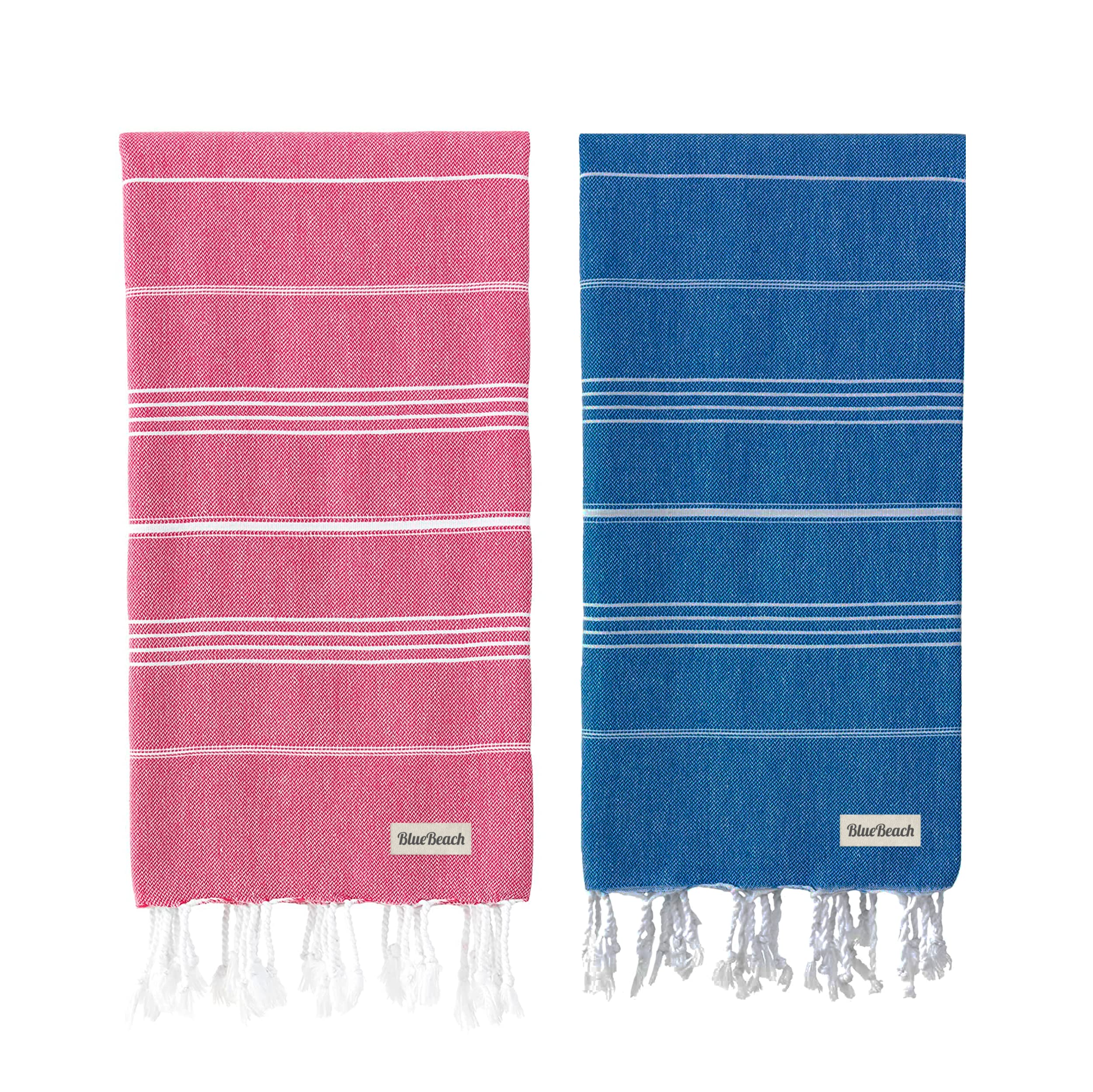 Blue Beach Turkish Towel - Set of 2-100x180cm Large Turkish Hammam Peshtemal Towel - Super Absorbent, Quick Dry, Lightweight, Compact Towels for Swimming, Bath, Gym and Travel (Blue + Fuschia) — image 1